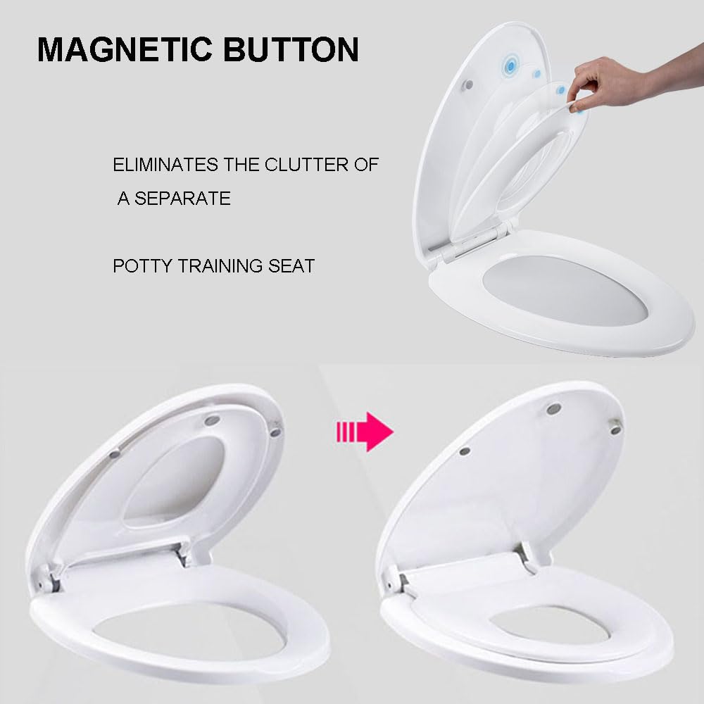 Soft Close Elongated Toilet Seat with Built-in Toddler Seat - Magnetic Adsorption Potty Training Seat for Kids & Adults - Quiet Slow Close, Easy to Clean (Model 9003) - Perfect for Family Bathrooms and Child Potty Training