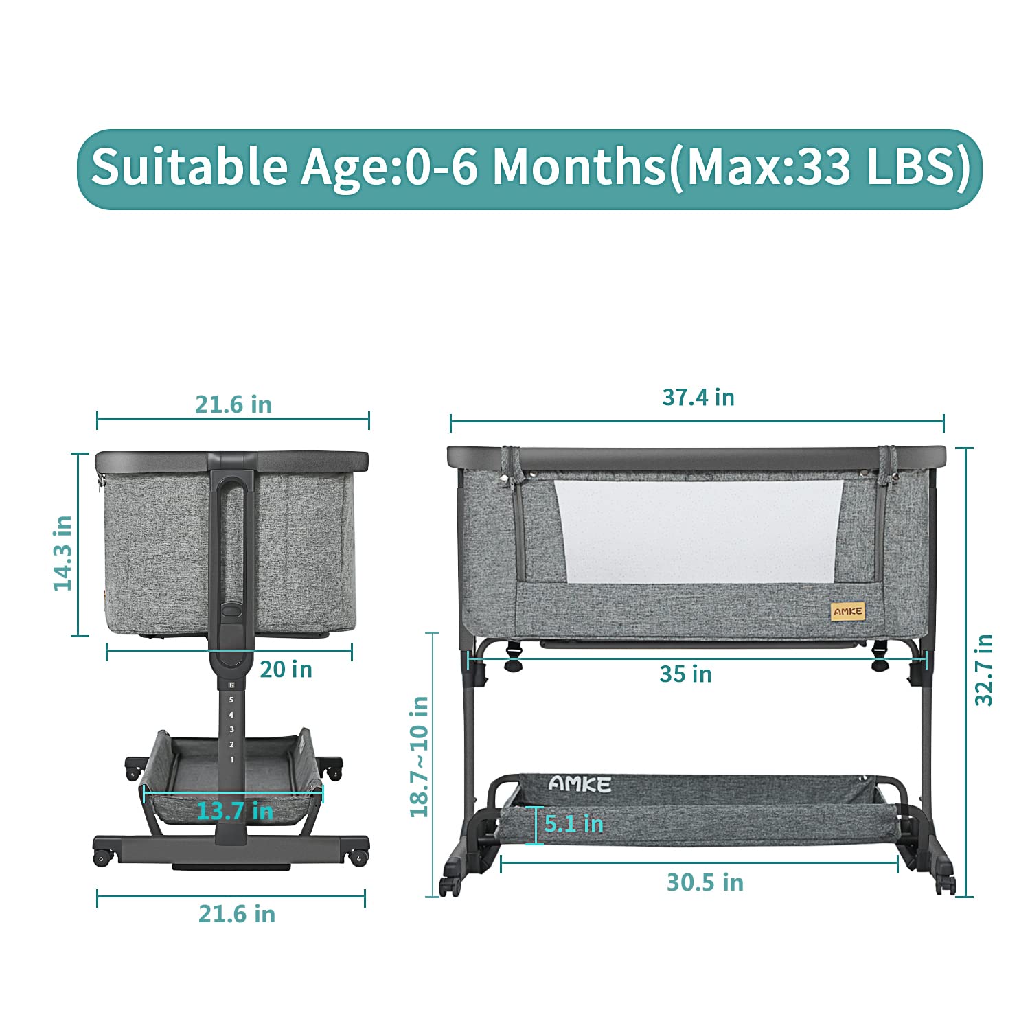 AMKE 3-in-1 Baby Bassinet with Storage Basket - Adjustable Bedside Sleeper Crib for Newborns & Infants, Breathable Mesh Portable Baby Bed - Perfect for Nursery, Bedroom & Travel (Easy Assembly)