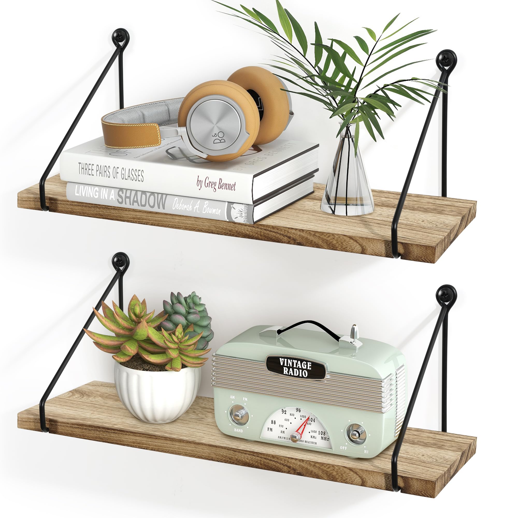 SUMGAR Set of 2 Rustic Floating Wood Shelves - Wall Mounted Storage Shelf for Kitchen, Bathroom, Bedroom, Living Room & Home Office - Decorative Display Organizer for Books, Plants & Home Decor - Easy to Install Hanging Shelves