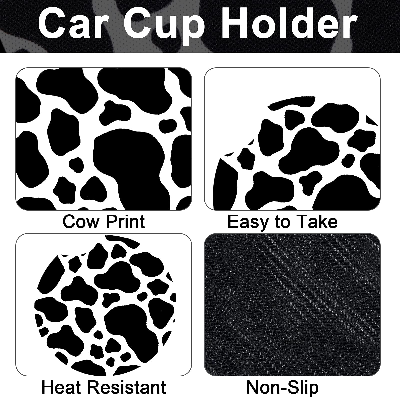 Cow Print Car Accessories Set - Stylish Car Seat Cover, Steering Wheel Cover, Cup Holders & Keyring for Women & Men - Fits Most Cars & SUVs (Black & White Cow Pattern) - Perfect for Road Trips, Daily Commutes & Car Enthusiasts