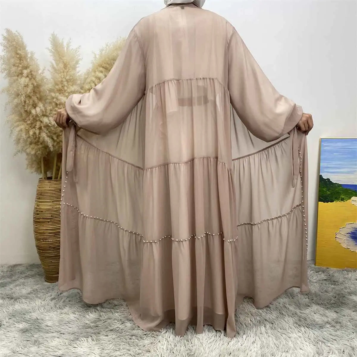 Elegant Muslim Women's Chiffon Beaded Open Abaya Dress - Modest Islamic Prayer Dress for Mosque, Eid & Special Occasions