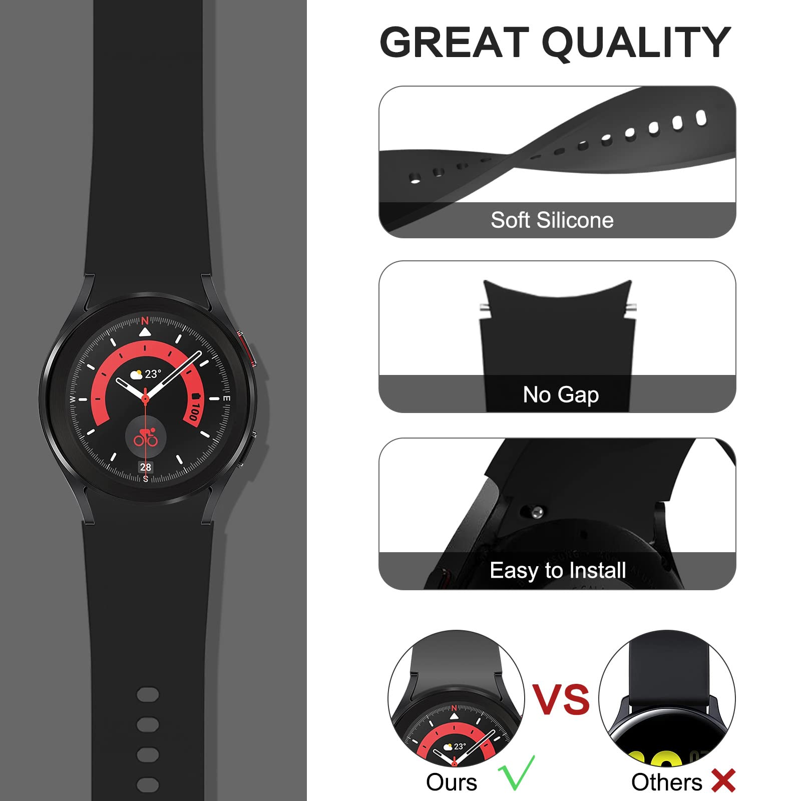 Strap Samsung Galaxy Watch 5 20mm Silicone Band - Compatible with Galaxy Watch 7 40mm 44mm, Watch 5 Pro 45mm, Watch 6 40mm 44mm, Watch 6 Classic 43mm 47mm, Watch 4 - Sport Wristband for Running, Gym & Daily Wear