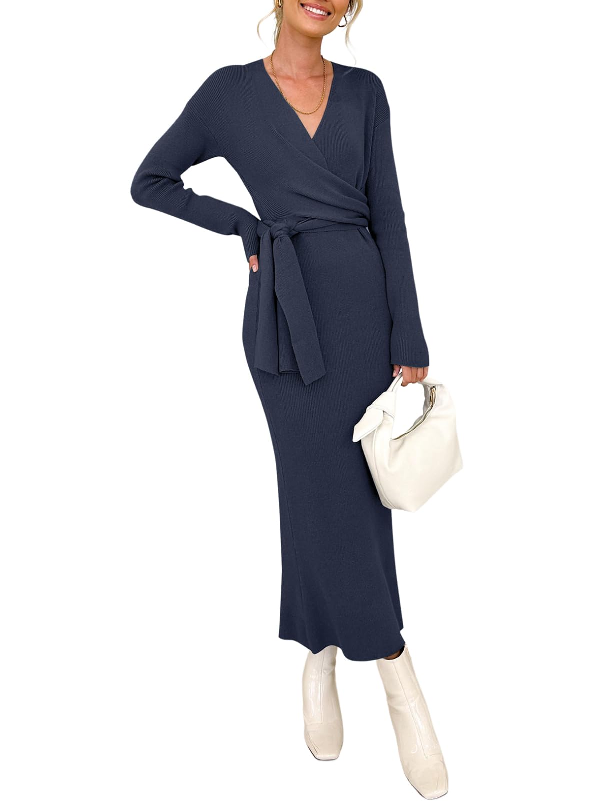 Happy Sailed Women's Knit Dress - Long Sleeve Wrap V-Neck Ribbed Sweater Dress with Tie Waist for Spring | Casual Office Wear & Date Night Outfits