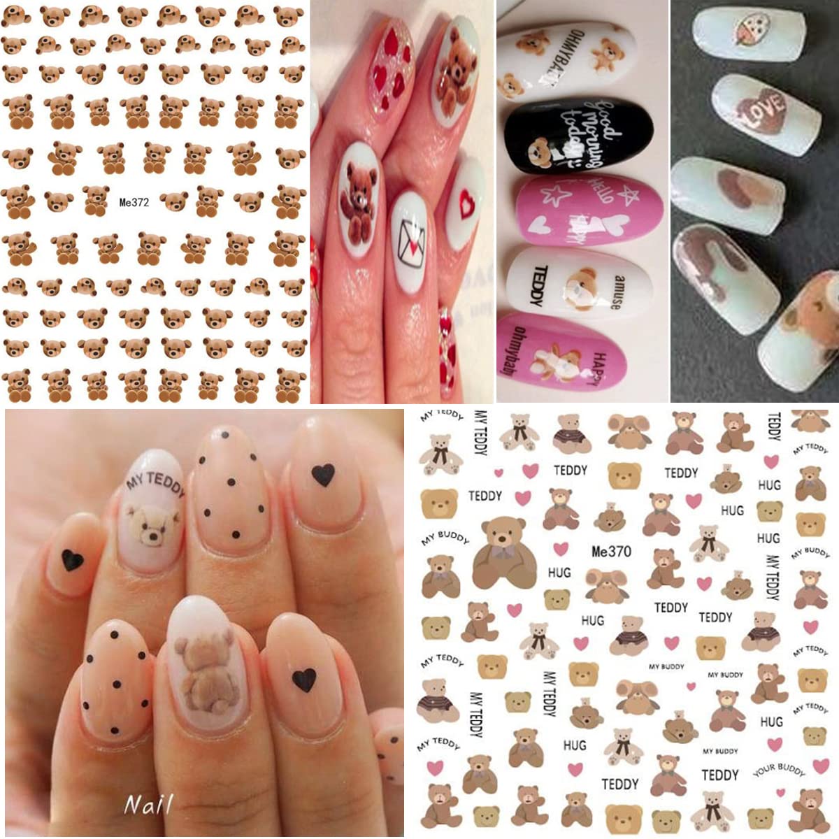 10 Sheets Cute Bear Nail Stickers - 3D Self-Adhesive Cartoon Nail Art Decals for Women & Girls | DIY Manicure Decorations, Fashion Nail Accessories - Perfect for Parties, Holidays & Everyday Wear