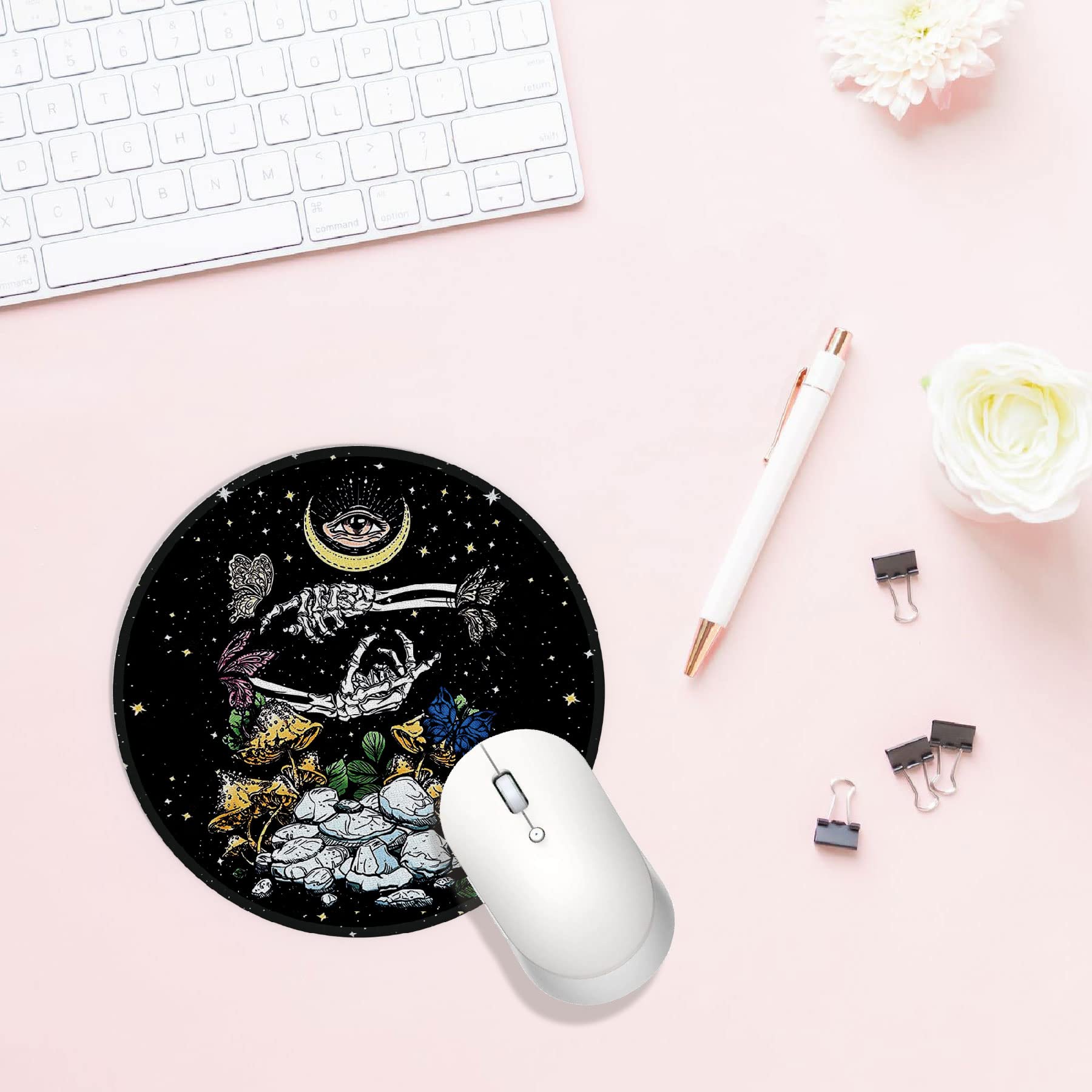 Gothic Skull Mushroom Tarot Moon Waterproof Mouse Pad - 7.9 x 7.9 Inch Non-Slip Rubber Base Round Mousepad for Office, Gaming & Home Desk Decor - Perfect Gift for Tarot Lovers, Daughter, Sister, Mom & Wife - Ideal for Computer Work, Gaming Setup & Witchy Aesthetic Spaces