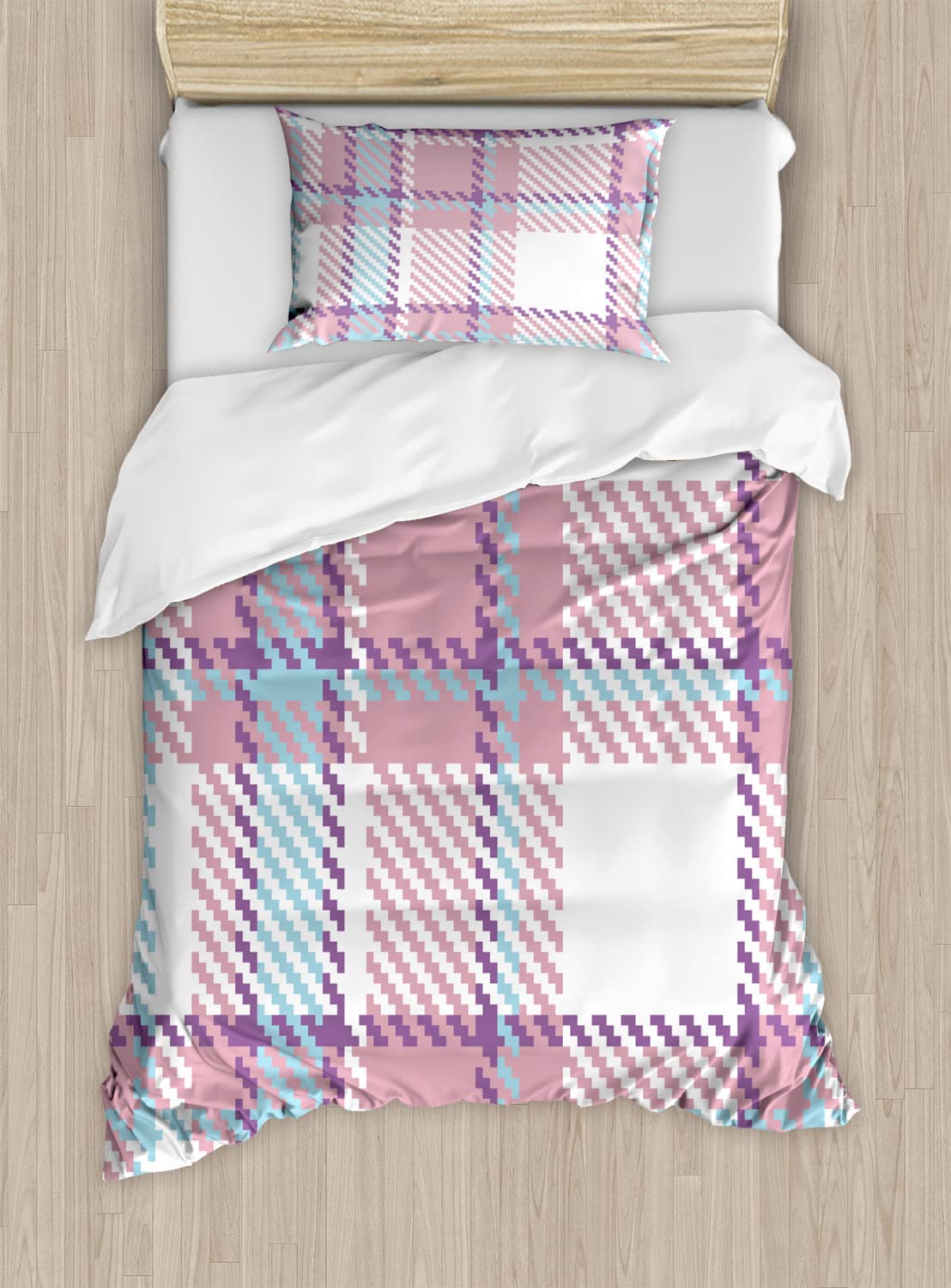 Ambesonne Vintage Checkered Duvet Cover Set - 2 Pack King Size Bedding with 4 Pillowcases, Antique English Clothing Pattern in Lilac Purple & Pale Blue | Perfect for Guest Rooms, Master Bedrooms & Bohemian Home Decor