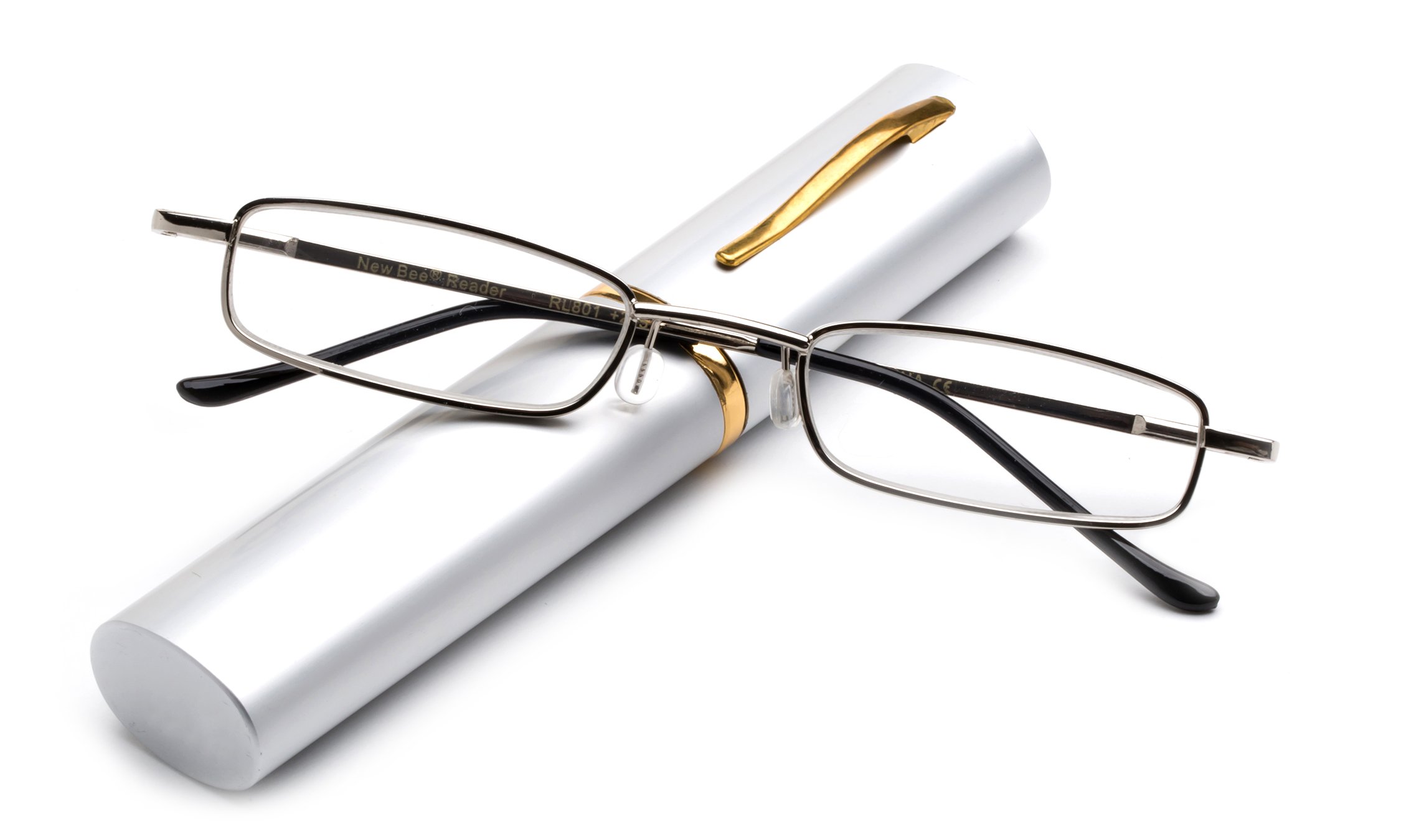 Newbee Fashion Ultra Compact Spring Temple Reading Glasses with Portable Pocket Clip & Aluminum Case - Lightweight Readers for Reading, Travel, and Everyday Use