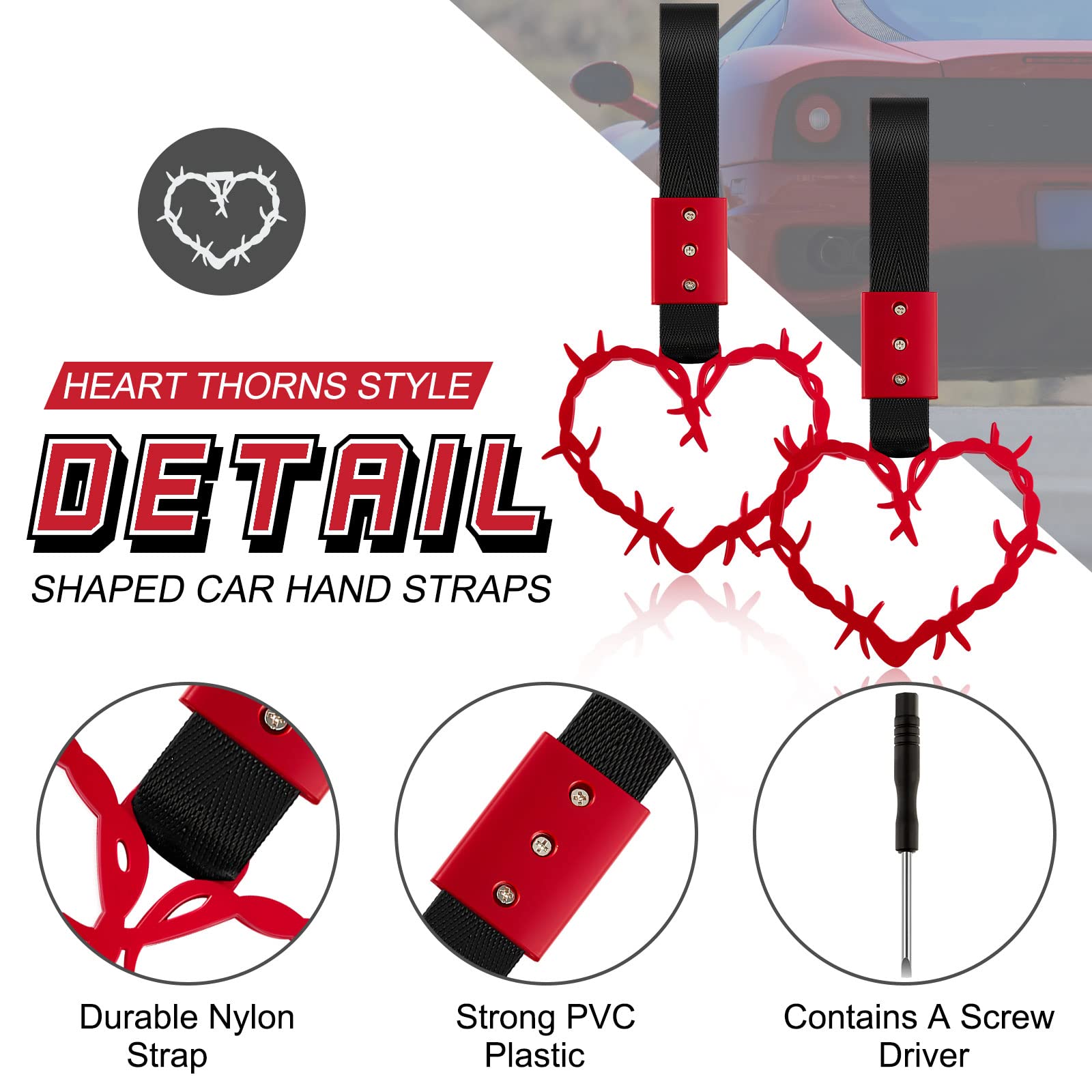 Car Handle Straps - Exterior Hang Rings & Drift Decorative Hand Straps for Cars, Subway, Train, Bus - Red Thorns Design for Rear Bumper Warning & Safety - Perfect for Commuting, Road Trips & Vehicle Protection