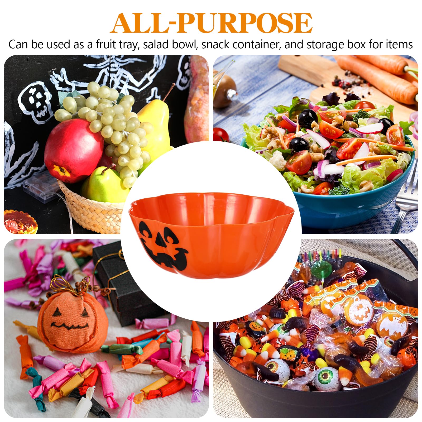 Halloween Trick or Treat Candy Bowl - Plastic Pumpkin Salad Bowl & Fruit Dish Basket for Party Decor - Orange Halloween Party Supplies for Trick-or-Treating, Home Decor & Holiday Celebrations