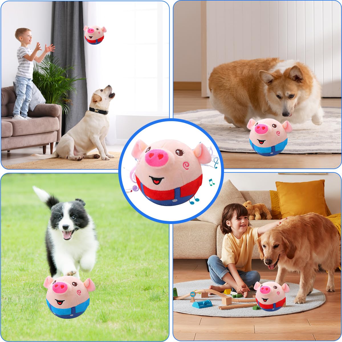 Interactive Moving Pet Plush Toy - Bouncing Ball Dog Toy with Sound for Small Dogs & Cats | Blue Pig Design | Fun Playtime & Exercise for Indoor Pets