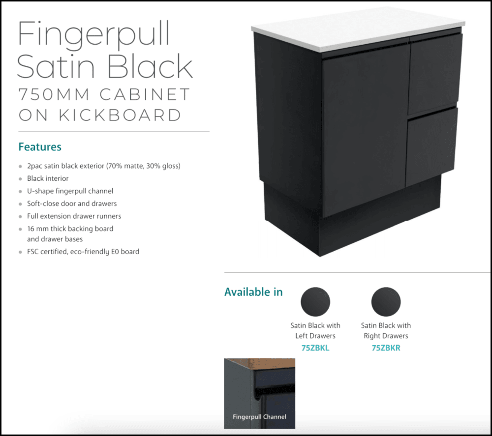 Fienza 750mm TCLB75ZBKL Dolce Matte Black Satin Vanity with Kickboard & Left Drawers - Modern Bathroom Makeup Vanity for Small Spaces & Powder Rooms