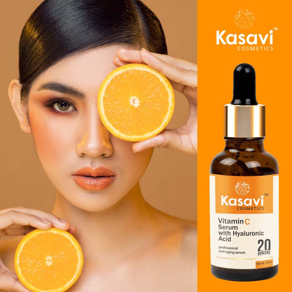 Kasavi Vitamin C Face Serum with Hyaluronic Acid - 30ml Brightening & Hydrating Facial Treatment for Glowing Skin | Day & Night Use for All Skin Types | KSVCS-001