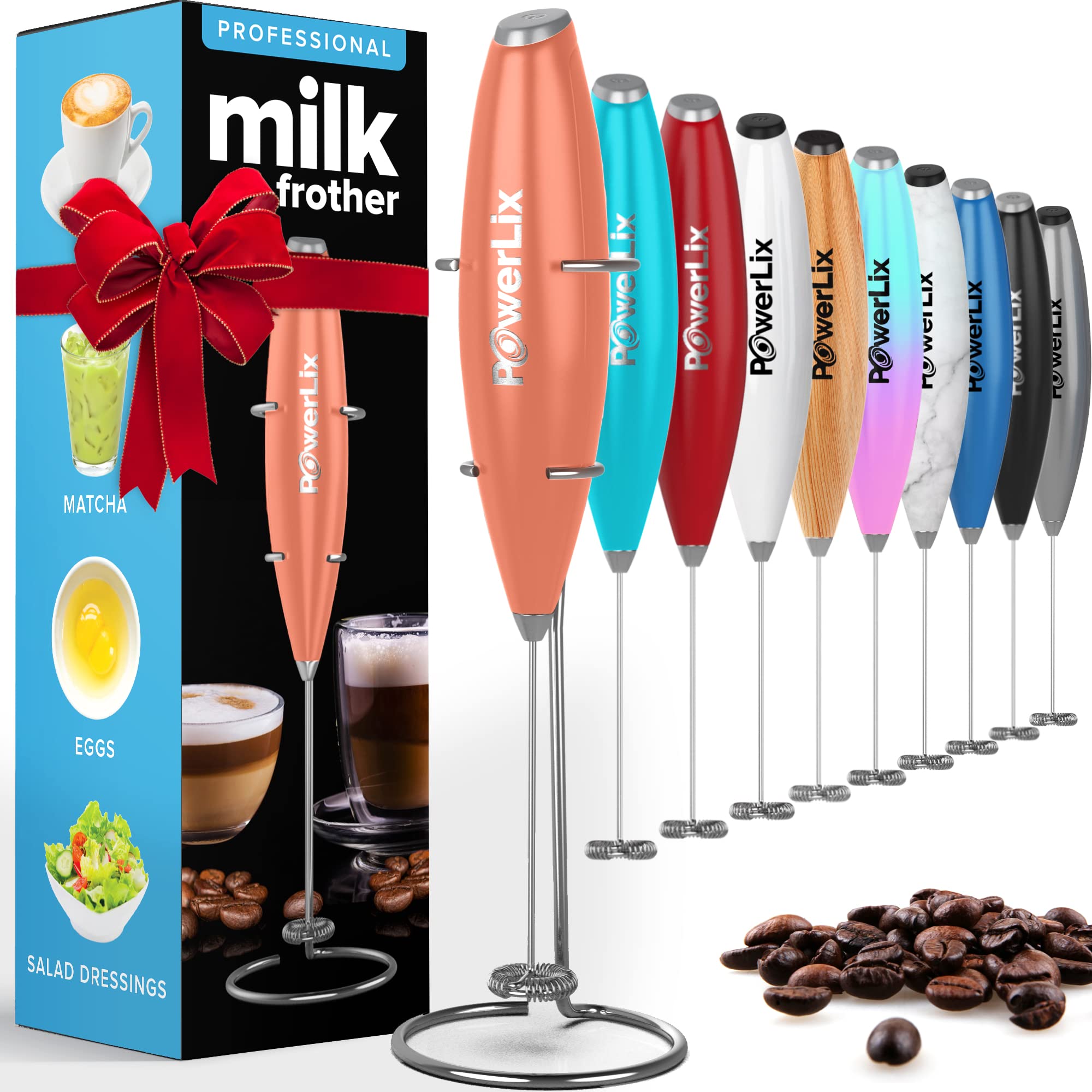 PowerLix Handheld Milk Frother - Battery Operated Electric Foam Maker for Coffee, Latte, Cappuccino & Hot Chocolate - Compact & Portable with Stand (Black/Peach) - Perfect for Home, Office & Travel Use