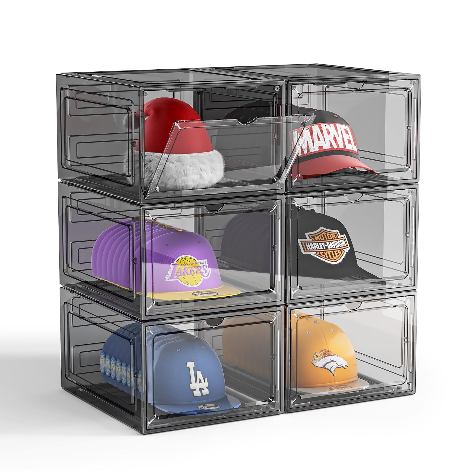 6-Pack Clear Plastic Hat Organizer Box for Baseball Caps & Snapbacks - Magnetic Door Storage Case Holds 8 Hats Each - Closet Hat Rack & Display Solution for Home, Office, or Retail Store Organization