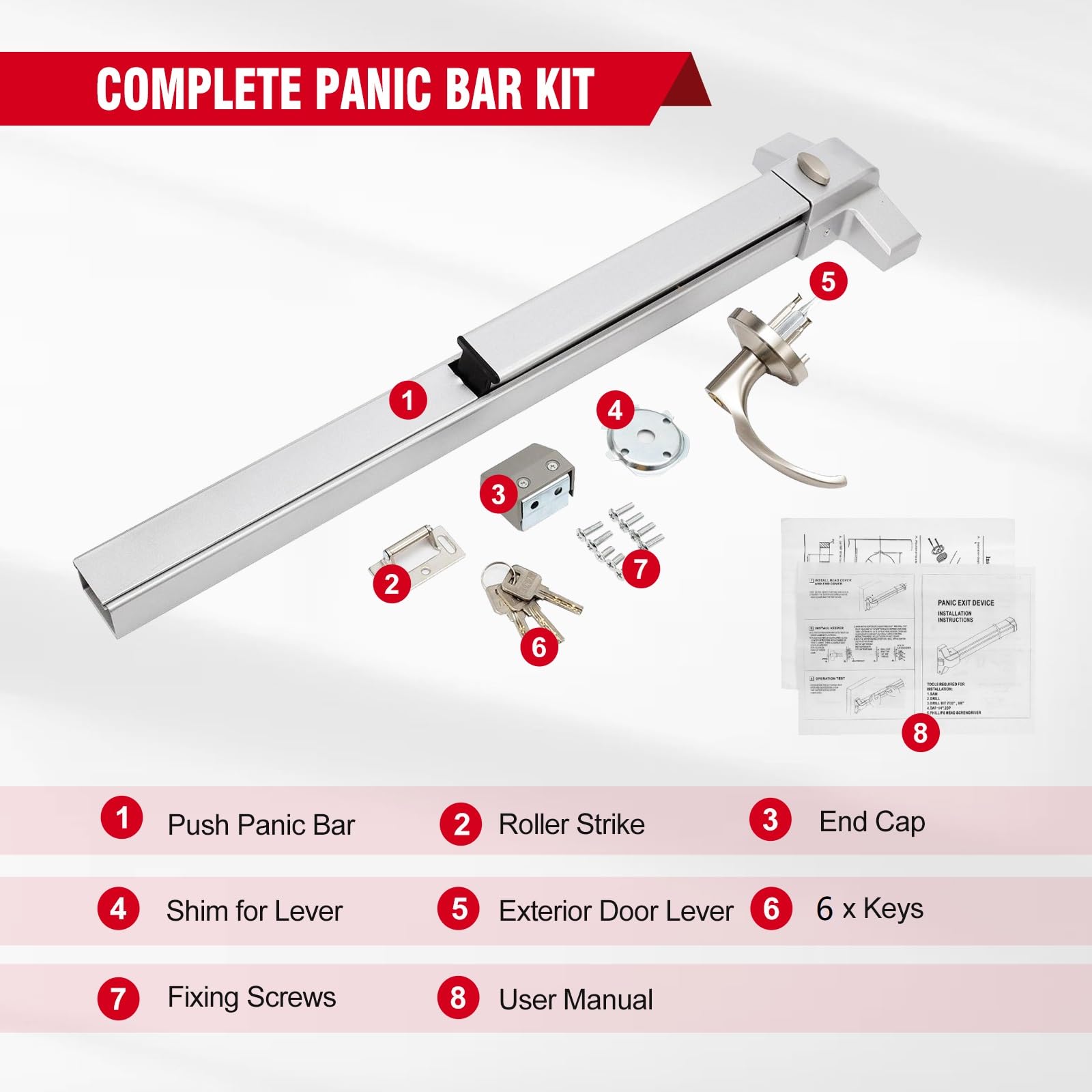 Stainless Steel Panic Bar Exit Device - Commercial Grade Push Bar Door Lock with Exterior Lever for 28-41
