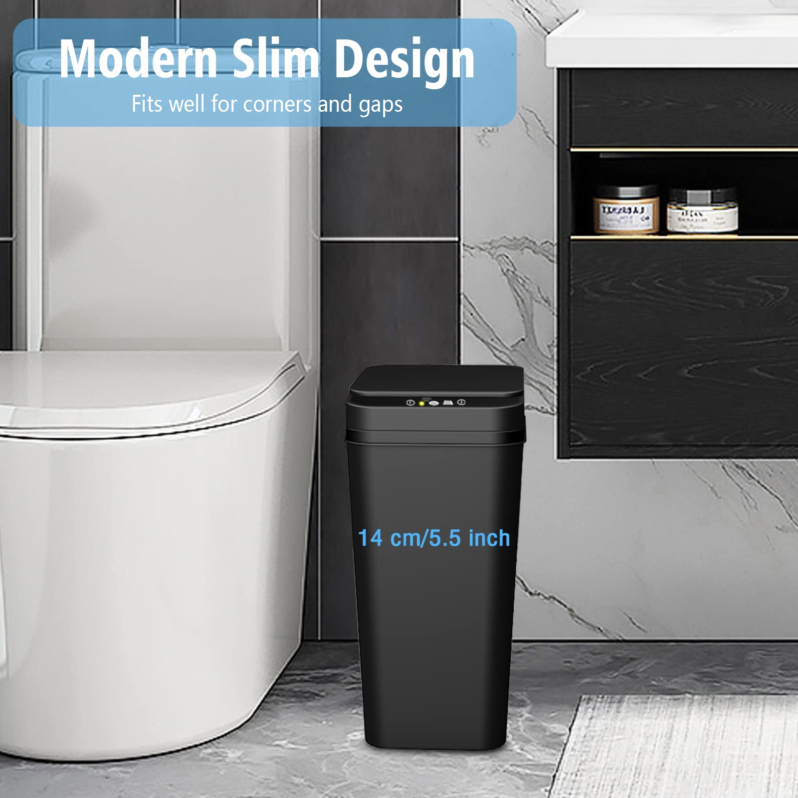 2.6 Gallon Automatic Motion Sensor Trash Can with Lid - Touchless, Waterproof, Slim Design for Bathroom, Bedroom, Office & Living Room - Ideal for Hands-Free Waste Disposal in Small Spaces (Black)