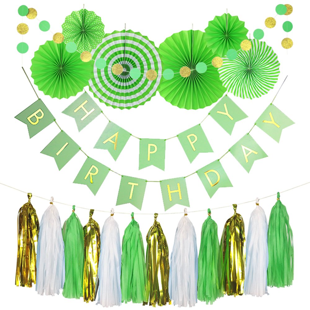 20pcs Tissue Paper Fans - Happy Birthday Banner, Party Decorations with Circle Dots & Paper Garland for Baby Shower Supplies (Green Theme) | Perfect for First Birthday, Gender Reveal, Bridal Shower & Nursery Decor