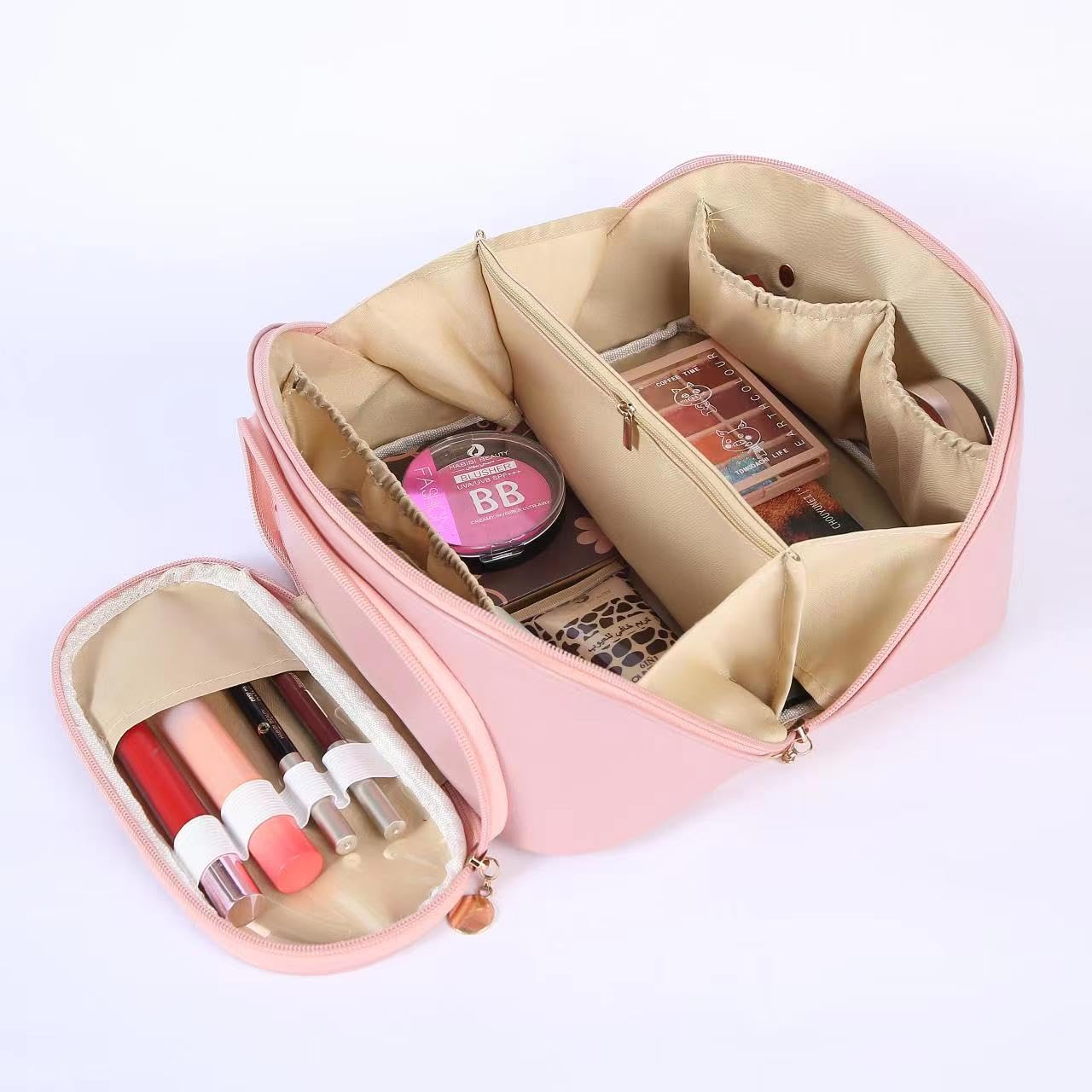 Leather Makeup Pouch Bag - Wide Opening Cosmetic Organizer for Travel & Toiletry