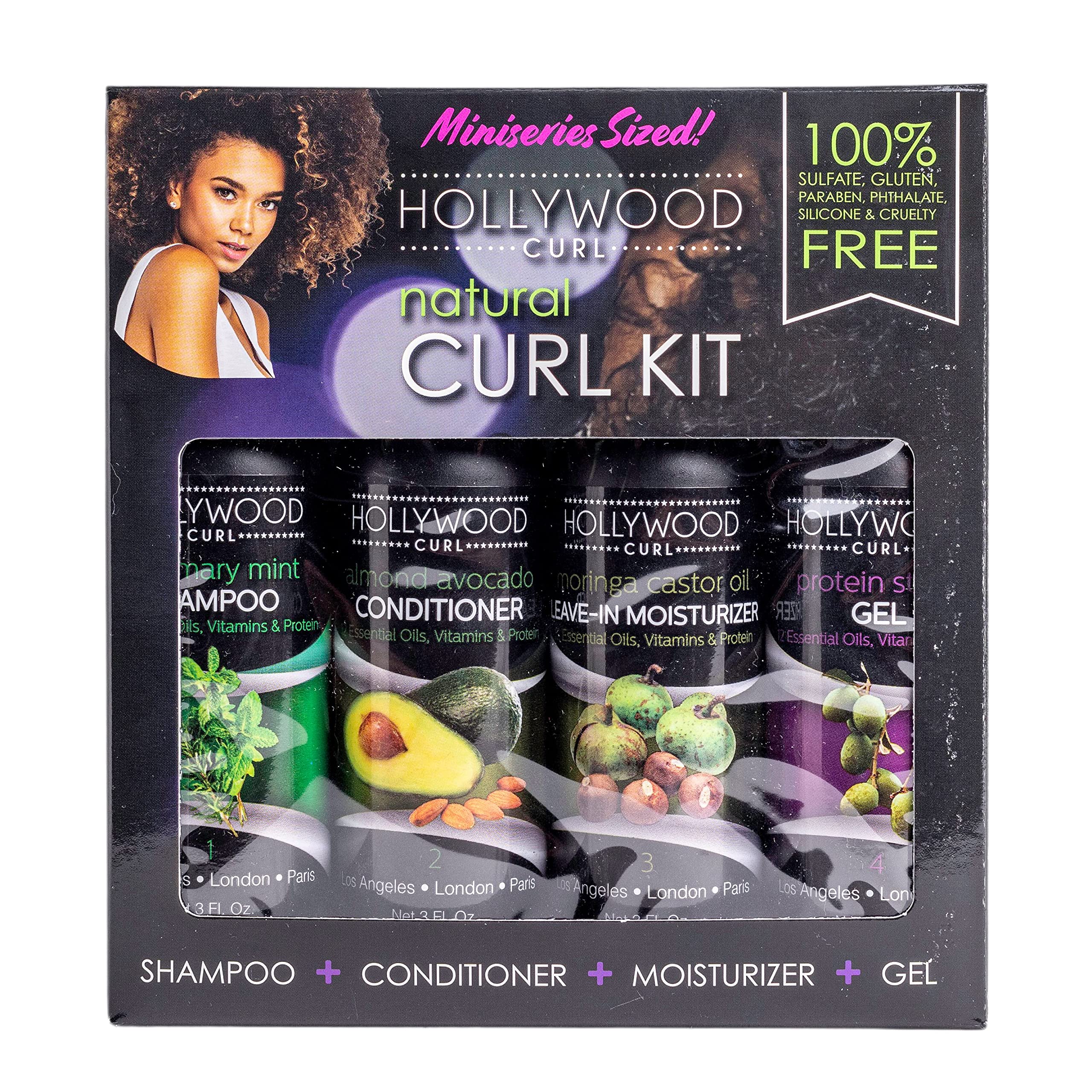 Hollywood Curl 4-Pack Natural Curl Styling Kit for Women & Men - Wavy & Frizzy Hair Control with Essential Oils, Vitamins & Protein - Includes Shampoo, Conditioner, Curling Cream & Styling Gel - Perfect for Daily Hair Care & Salon-Quality Styling at Home