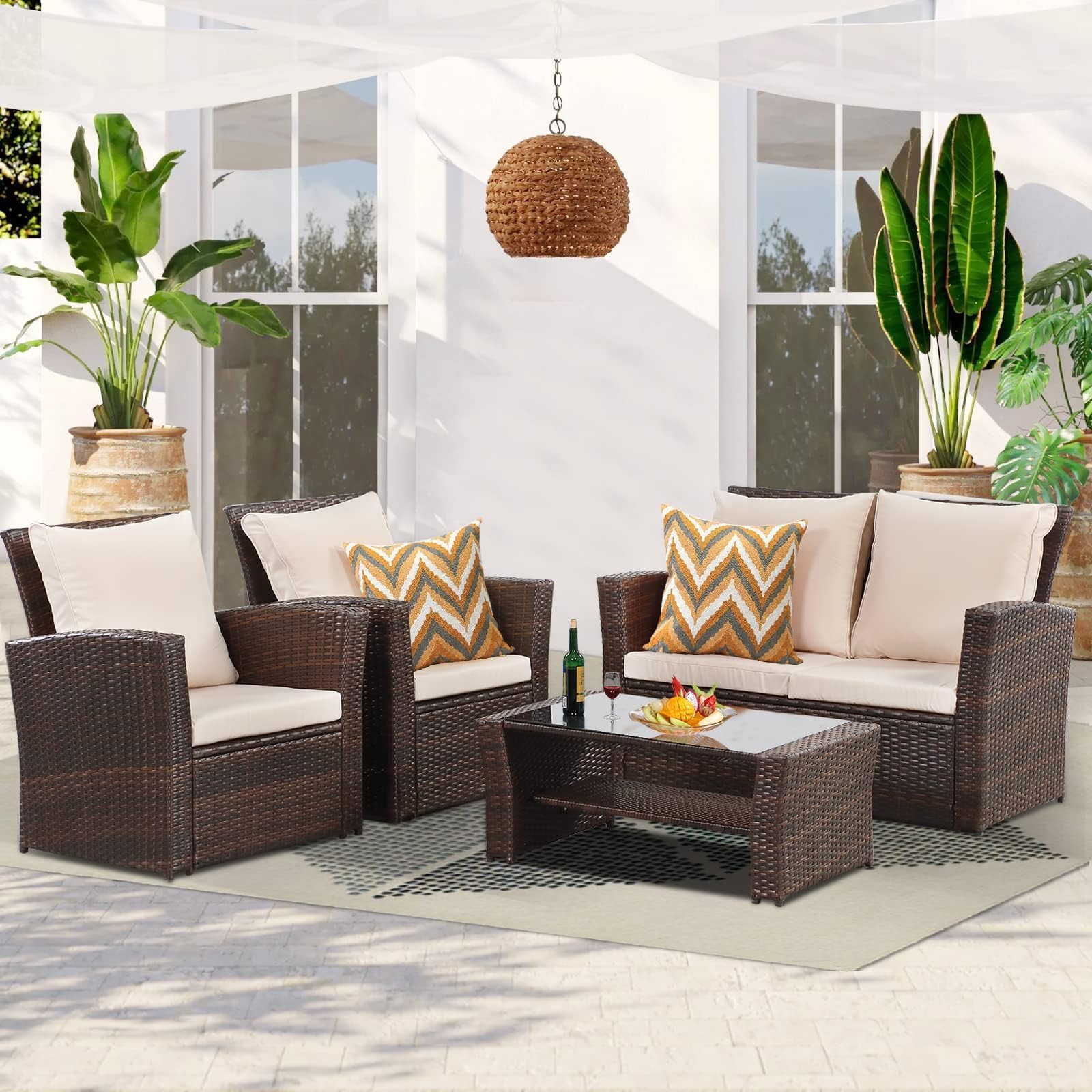 4-Piece All-Weather Wicker Patio Furniture Set - Outdoor Rattan Sectional Sofa with Cushions & Coffee Table - Brown Conversation Set for Balcony, Garden, Backyard - Perfect for Relaxing, Entertaining & Outdoor Dining