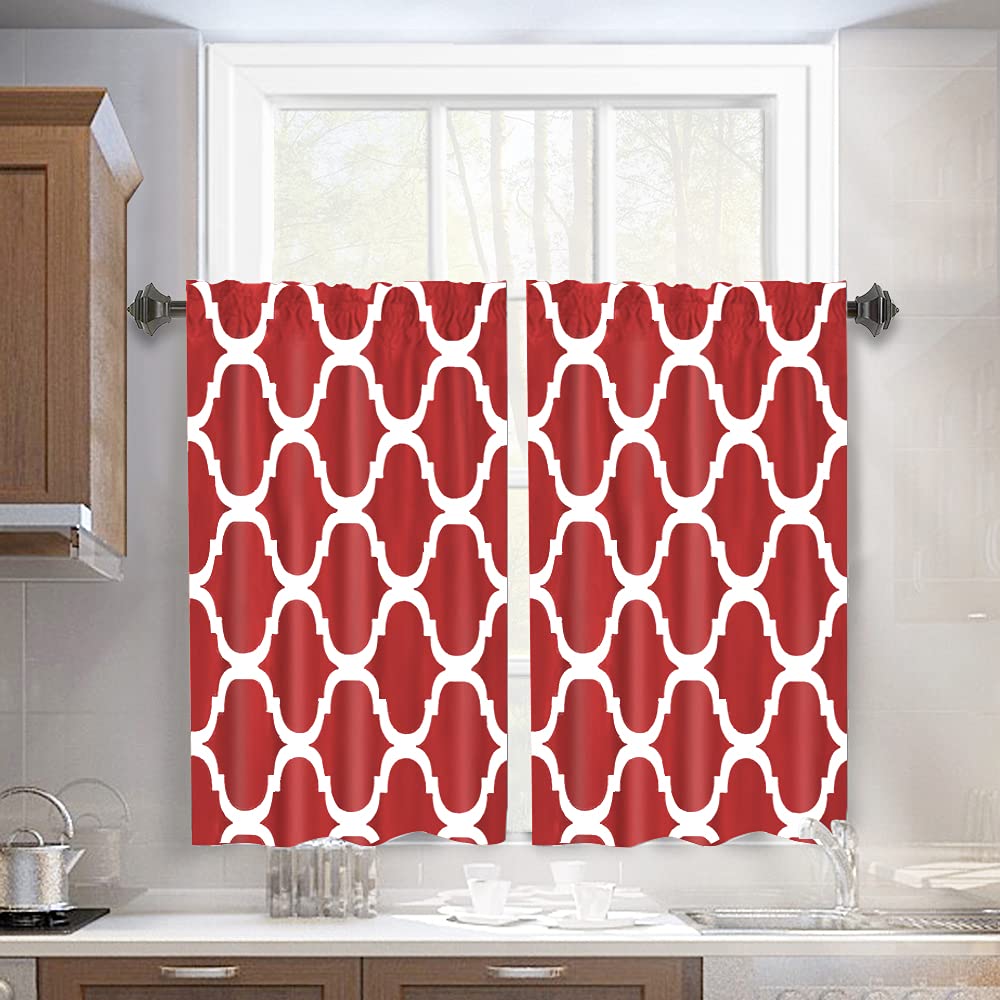 Melodieux Set of 2 Moroccan Style Geometric Lattice Tier Curtains - 29x36 Inch, Red | Rod Pocket Design for Kitchen, Cafe & Bathroom Small Windows | Perfect for Boho Home Decor & Privacy