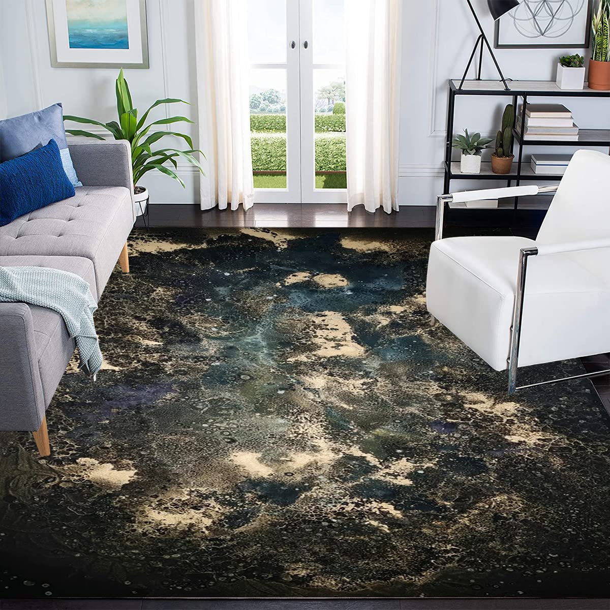 Black Gold Marble Modern Abstract Area Rug 6x8 ft - Washable Soft Retro Accent Rug for Living Room, Bedroom, Dining Room - Farmhouse Style Home Office & Kitchen Floor Mat - Indoor Non-Slip Luxury Carpet for Housewarming Gifts & Apartment Decor