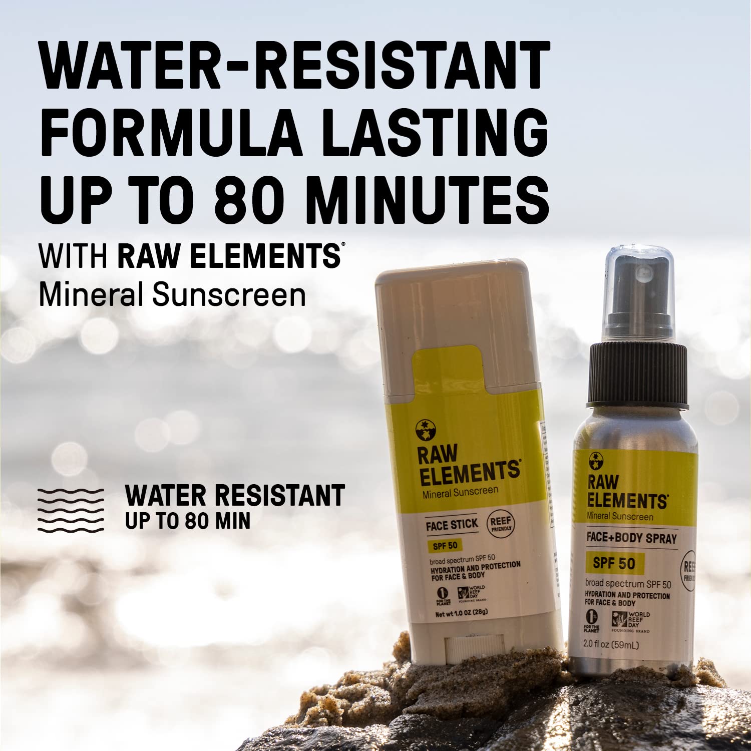 Raw Elements SPF 50 Mineral Sunscreen Spray - All Natural, Reef Safe & Water Resistant | Broad Spectrum UVA/UVB Protection for Face & Body | Safe for Kids & Adults | Travel Size 2oz | Perfect for Beach, Pool, Hiking & Outdoor Activities
