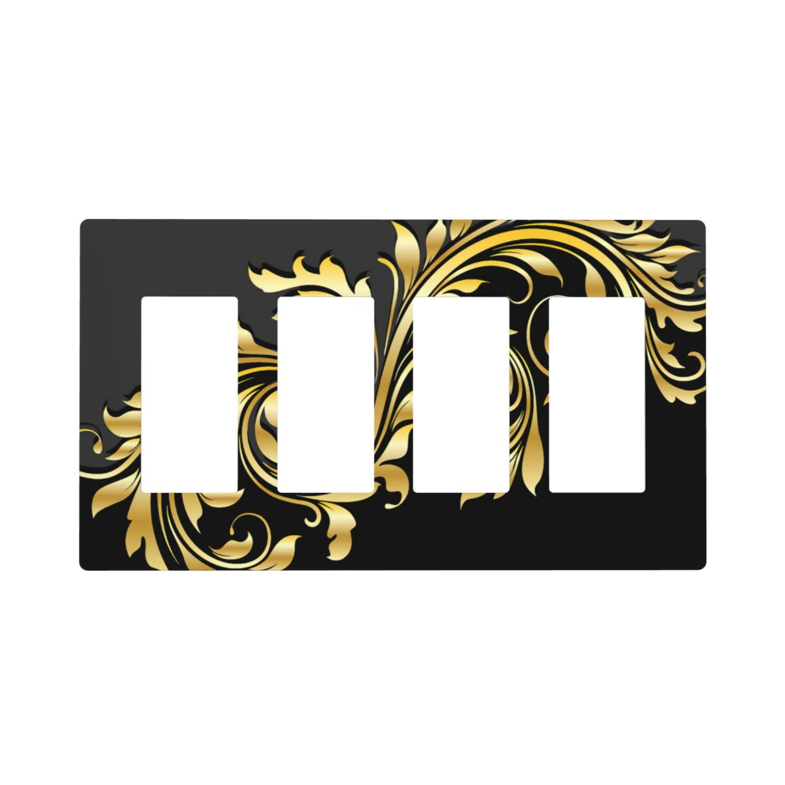 Floral Black Gold Quad Rocker Light Switch Plate Cover - 4 Gang Screwless Wall GFCI Decorator Outlet Duplex - Perfect for Living Room, Bedroom, and Office Decor