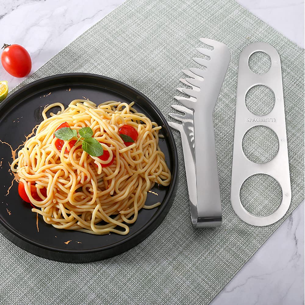 Premium 3-Piece Stainless Steel Pasta Server Set - Durable Spaghetti Tongs, Serving Spoon Fork & Measuring Tool - Professional Kitchen Utensils for Italian Cooking, Restaurants & Home Chefs - Perfect for Serving Spaghetti, Fettuccine & Linguine