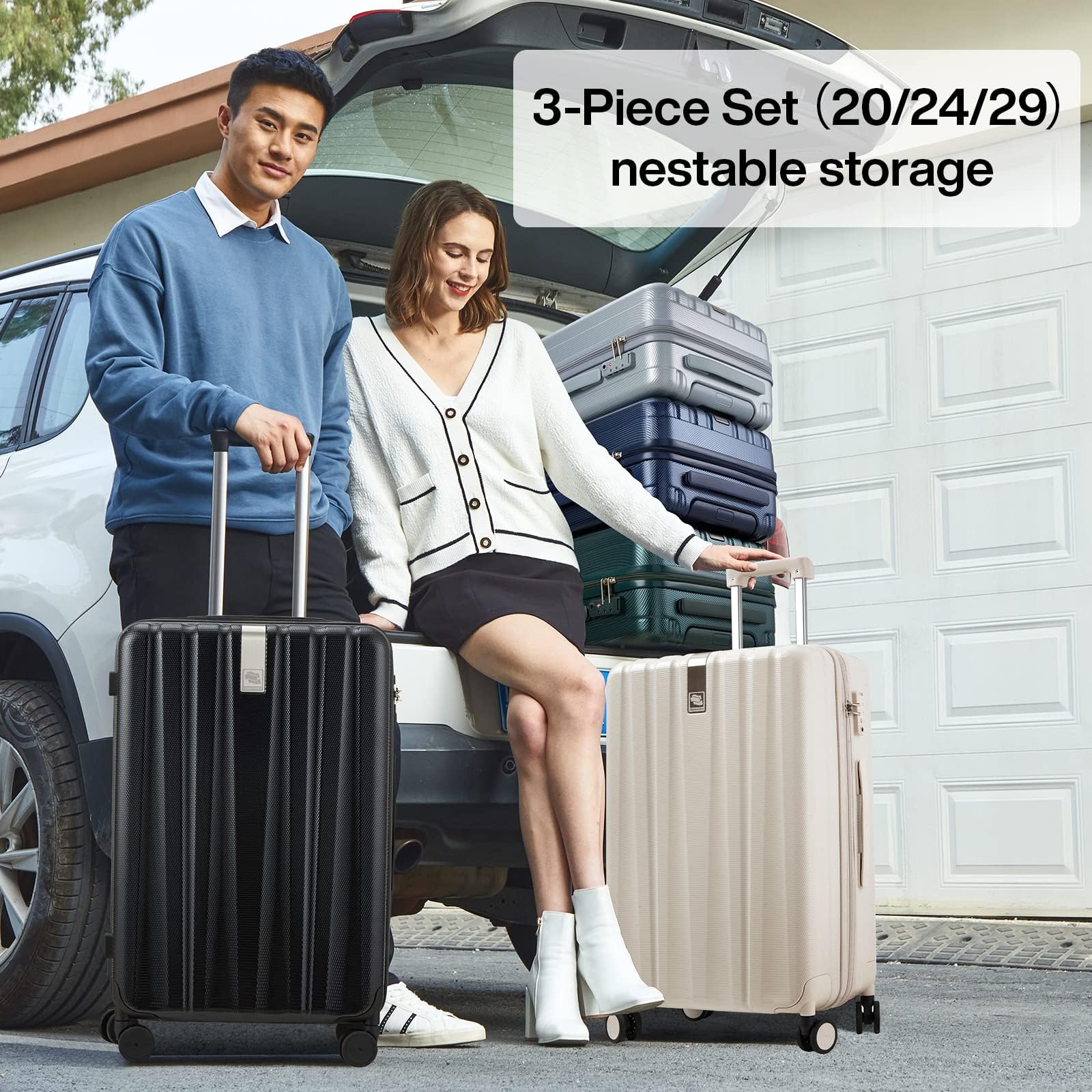 Hanke 2-Piece Carry On Luggage Set with Wheels - 20/29 Inch Lightweight PC Hard Shell Suitcases for Women & Men (Ivory White) - Perfect for Air Travel, Business Trips & Vacation Getaways