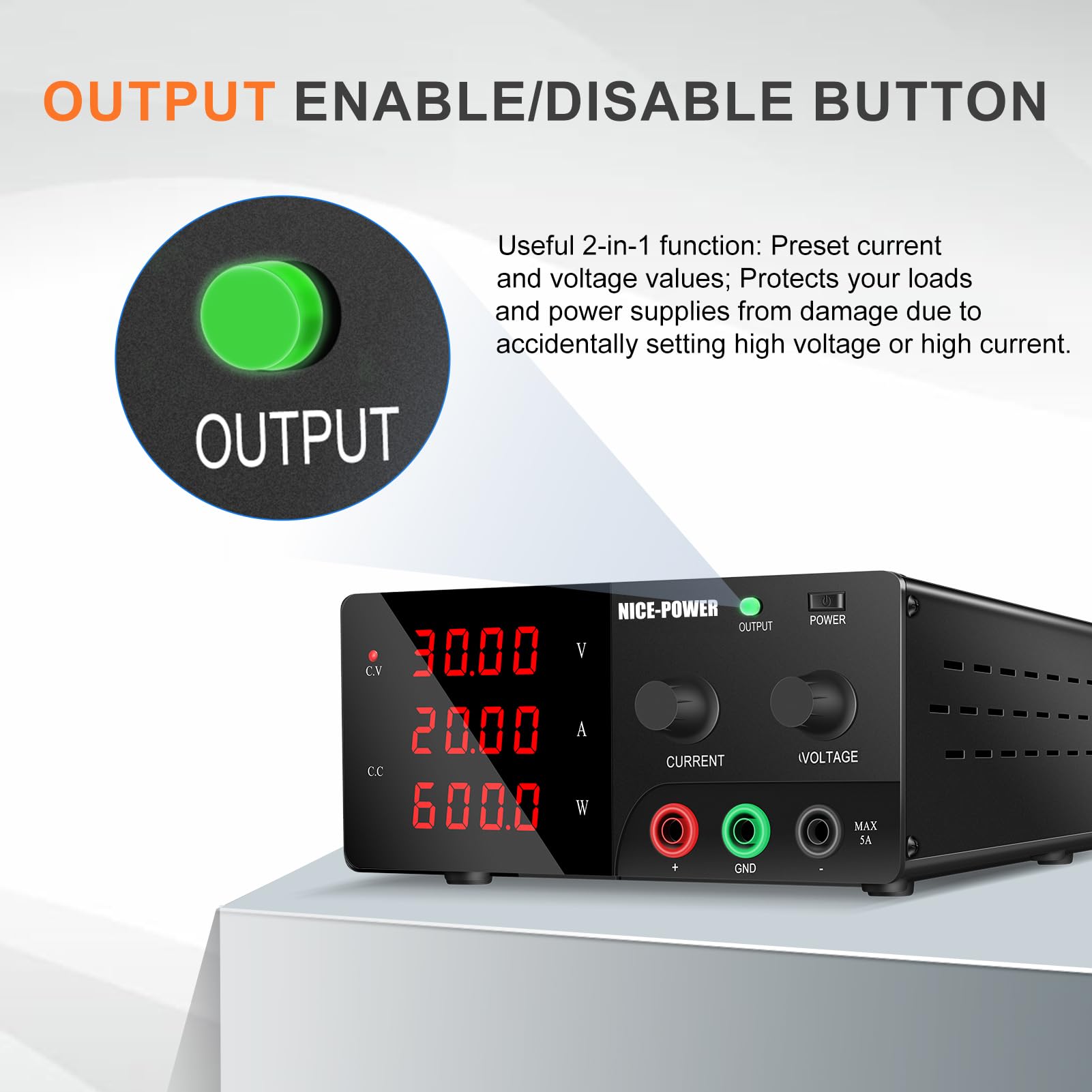 NICE-POWER 600W Adjustable DC Power Supply, 30V 20A Variable Lab Bench Power Supply with Encoder Knob & Output Switch - Precision Switching Regulated Power Supply for Electronics Repair, Testing, DIY Projects & Industrial Use