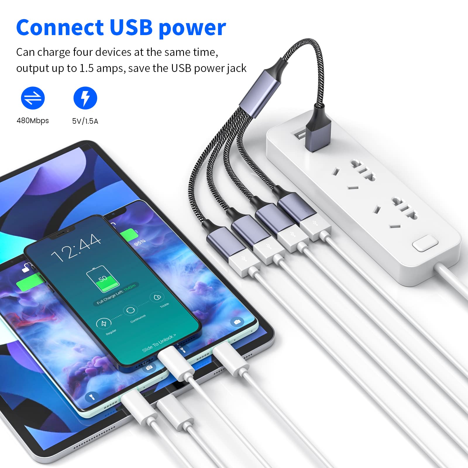 4-in-1 USB Splitter Cable - USB to 4 Port Hub Adapter for Fast Data Transfer & Multi-Device Charging - Compatible with Mac, PC, Xbox One, PS4, PS5, Car Charger - Perfect for Gaming, Office & Travel Use