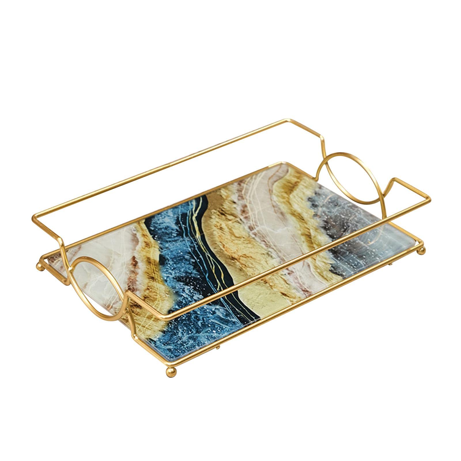Marble Print Bathroom Vanity Tray - Perfume, Soap & Skincare Organizer with Towel Holder | Countertop Display Rack for Cosmetics Storage | Perfect for Bathroom Counter, Kitchen Sink & Vanity Table (Light Blue & Gold)