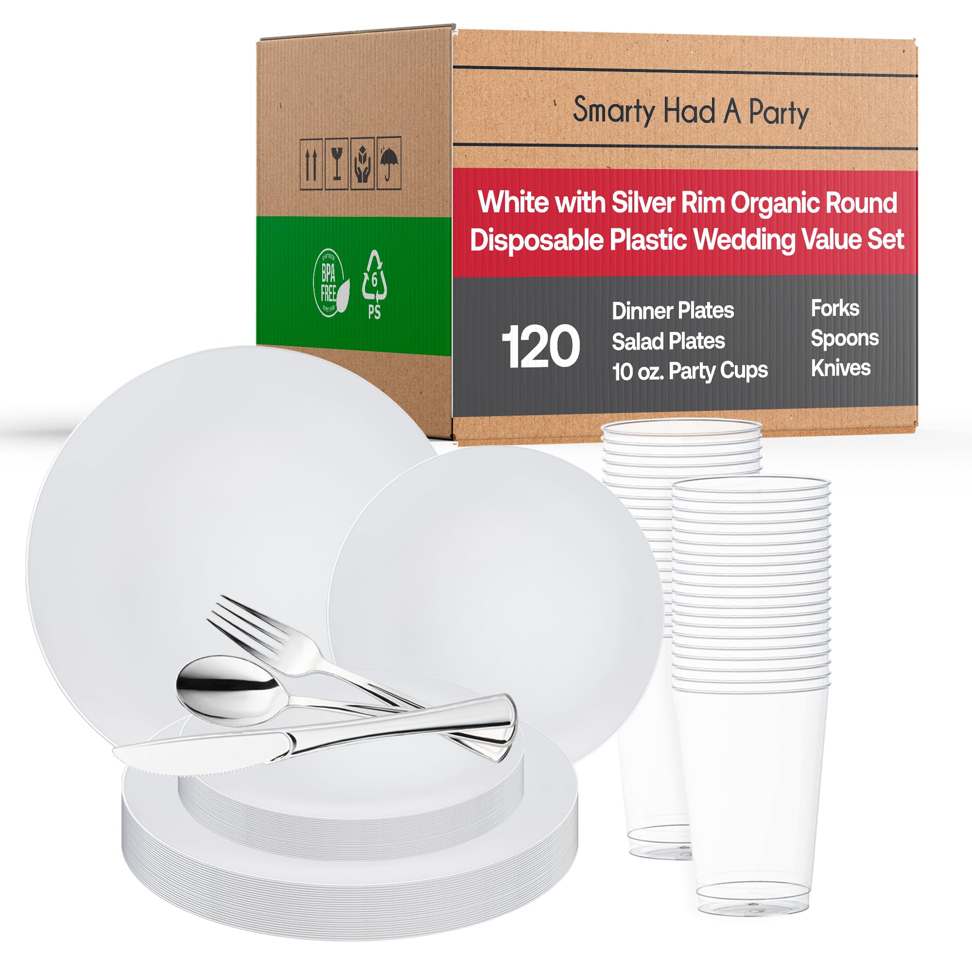Smarty Had A Party Disposable Plastic Plates with Elegant Rim Design - 120-Piece Organic Round Dinnerware Set in White & Silver for Weddings, Birthdays & Special Events | Perfect for Catering, Buffets & Large Gatherings