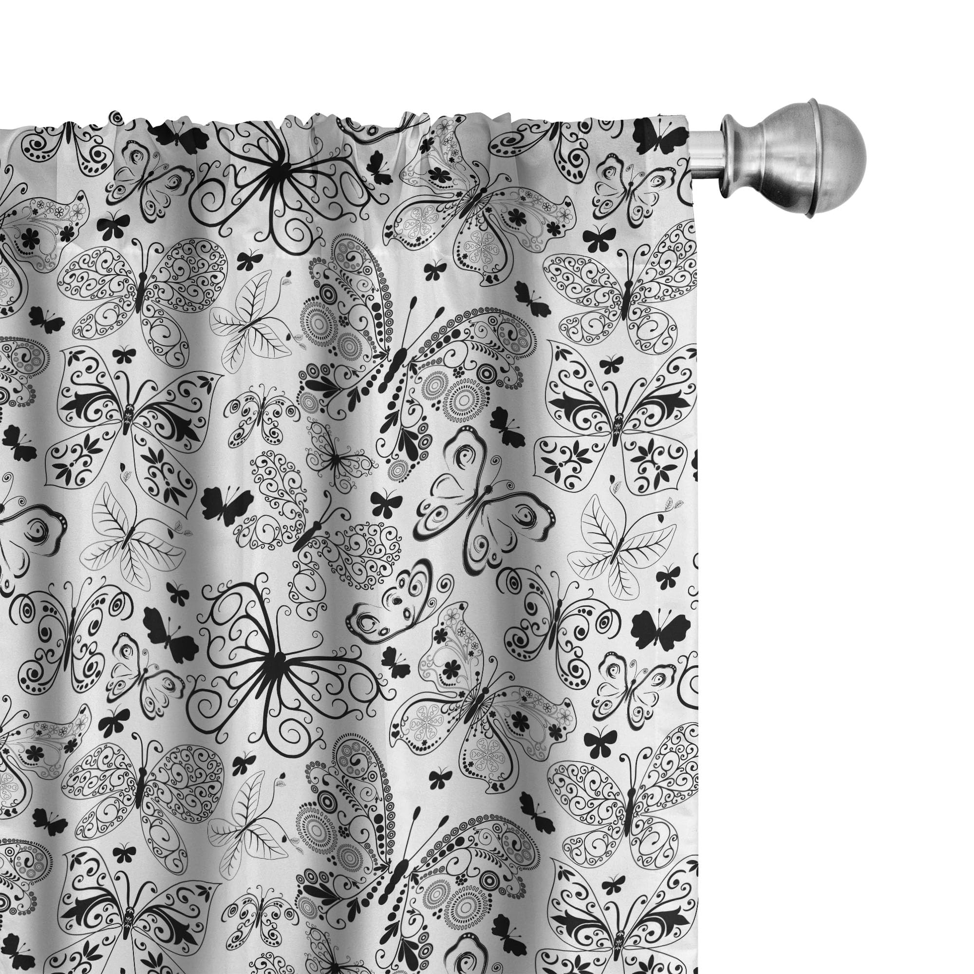 Ambesonne Black White Tattoo Curtains - Monochrome Floral Abstract Butterfly Filigree Spiral Wing Design, 2 Panel Set (28