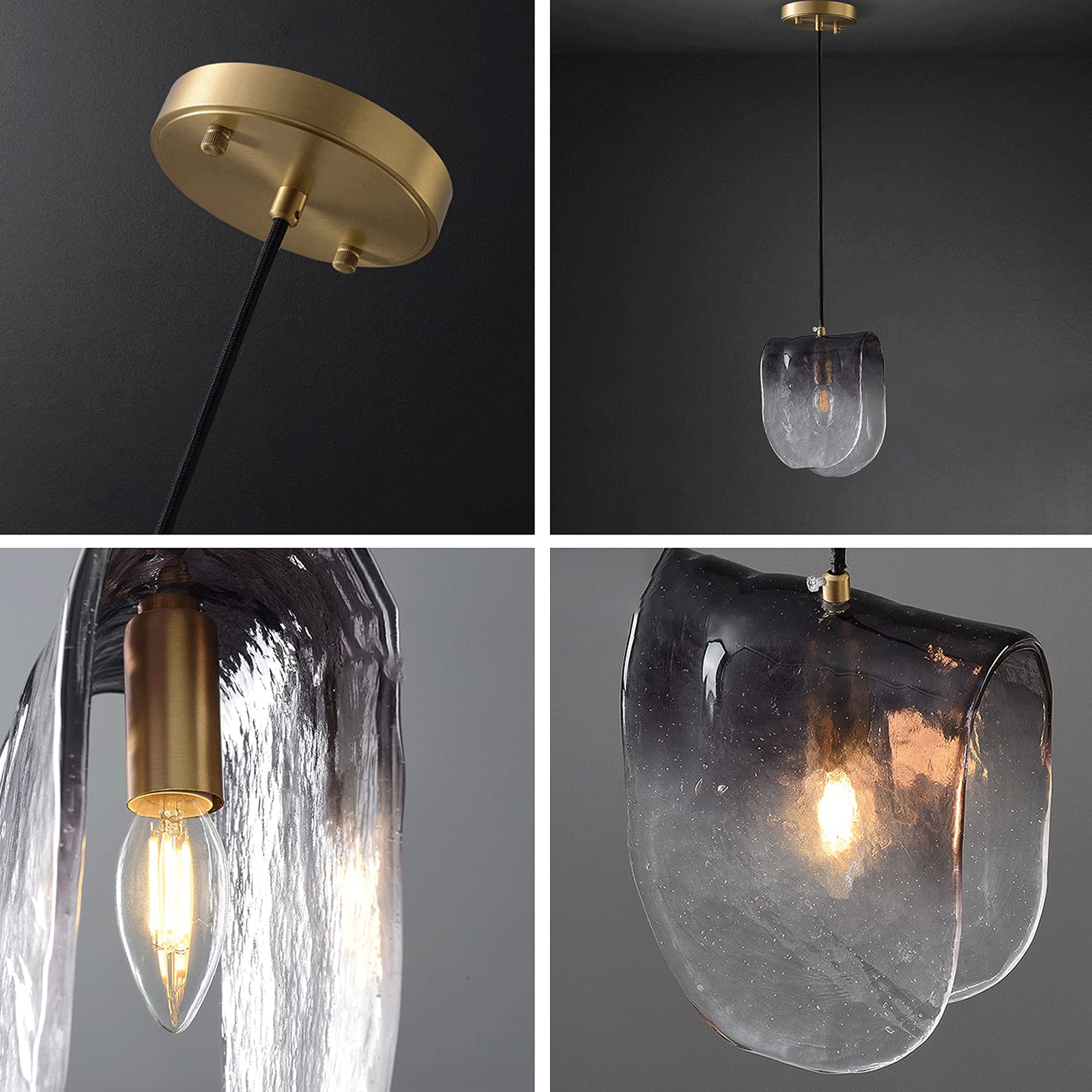 Smoke Gray Geometric Glass Hanging Ceiling Lamp - Single Head Modern Chandelier with Wrought Iron Body | Creative Pendant Light for Bedroom, Living Room, Dining Room & Corridor Lighting