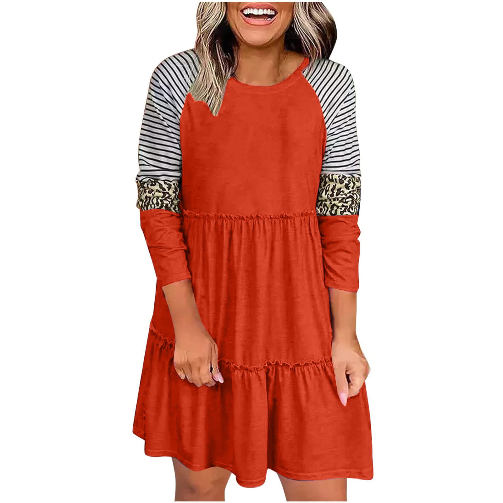 Women's Striped Leopard Print Ruffle Mini Dress - Long Sleeve Casual Loose Fit Comfortable T-Shirt Dress for Spring | Perfect for Date Night, Brunch & Weekend Outings