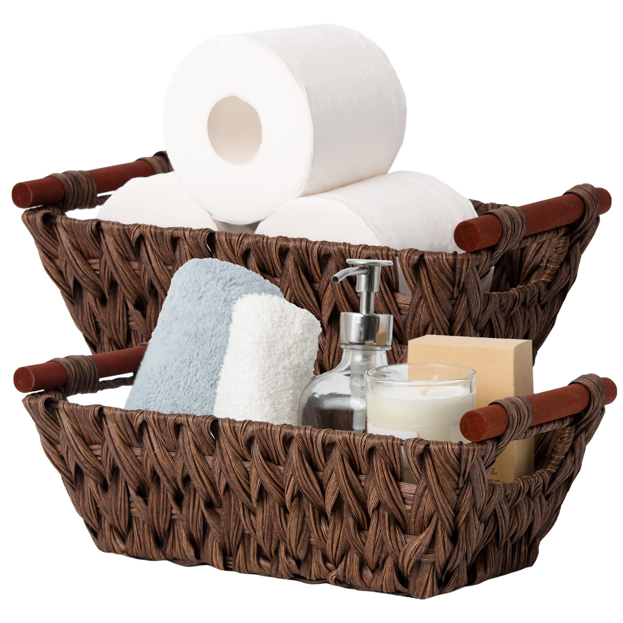 Waterproof Wicker Storage Baskets with Handles - 2-Pack Brown Woven Storage Bins for Pantry Organization, Home Decor & Laundry Room Storage | Durable & Stylish Home Storage Solution