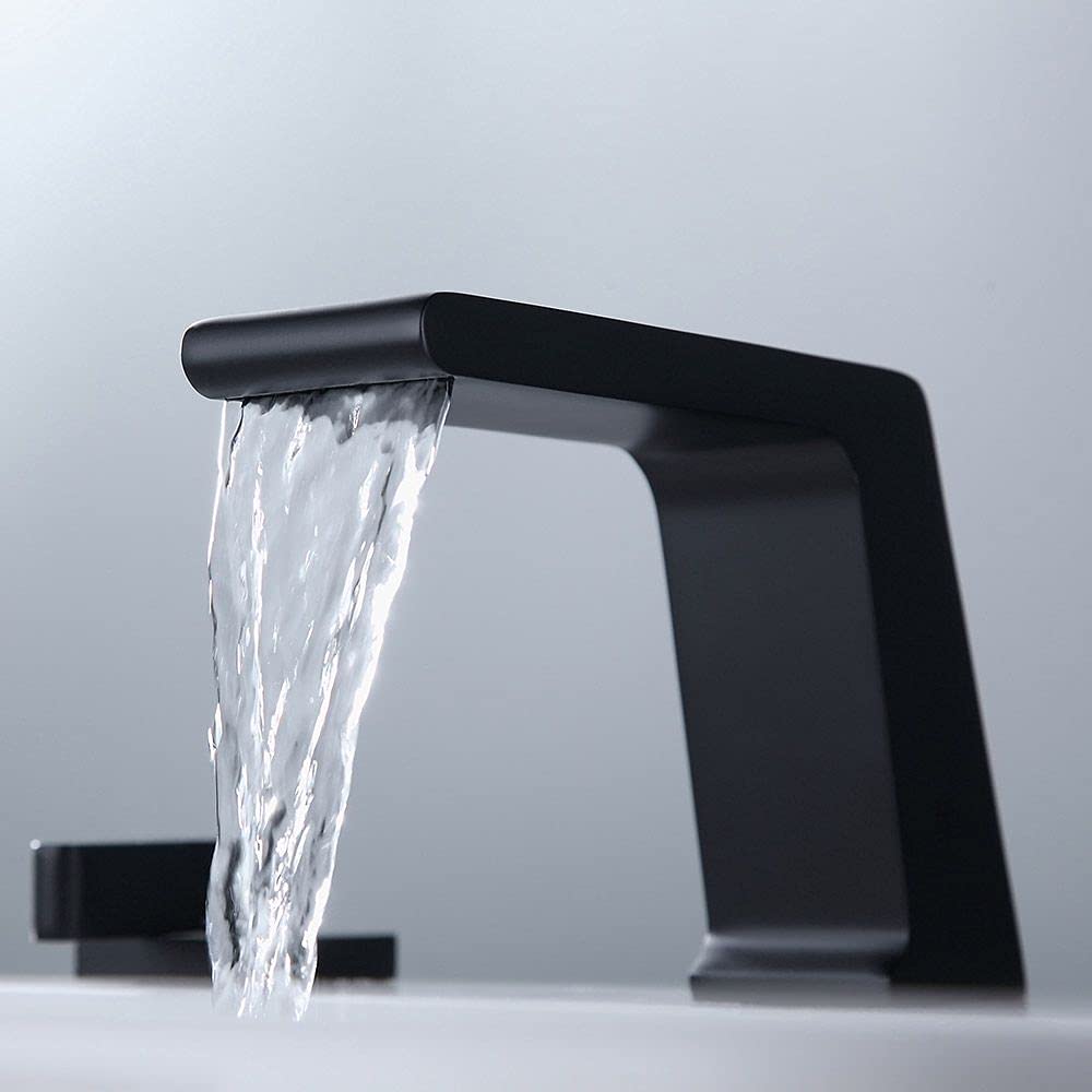 Matte Black Waterfall Widespread Bathroom Sink Faucet - Contemporary 3 Hole Double Handle Solid Brass Bathroom Faucet for Vanity Sink - Perfect for Modern Home, Hotel, and Luxury Bathroom Renovation