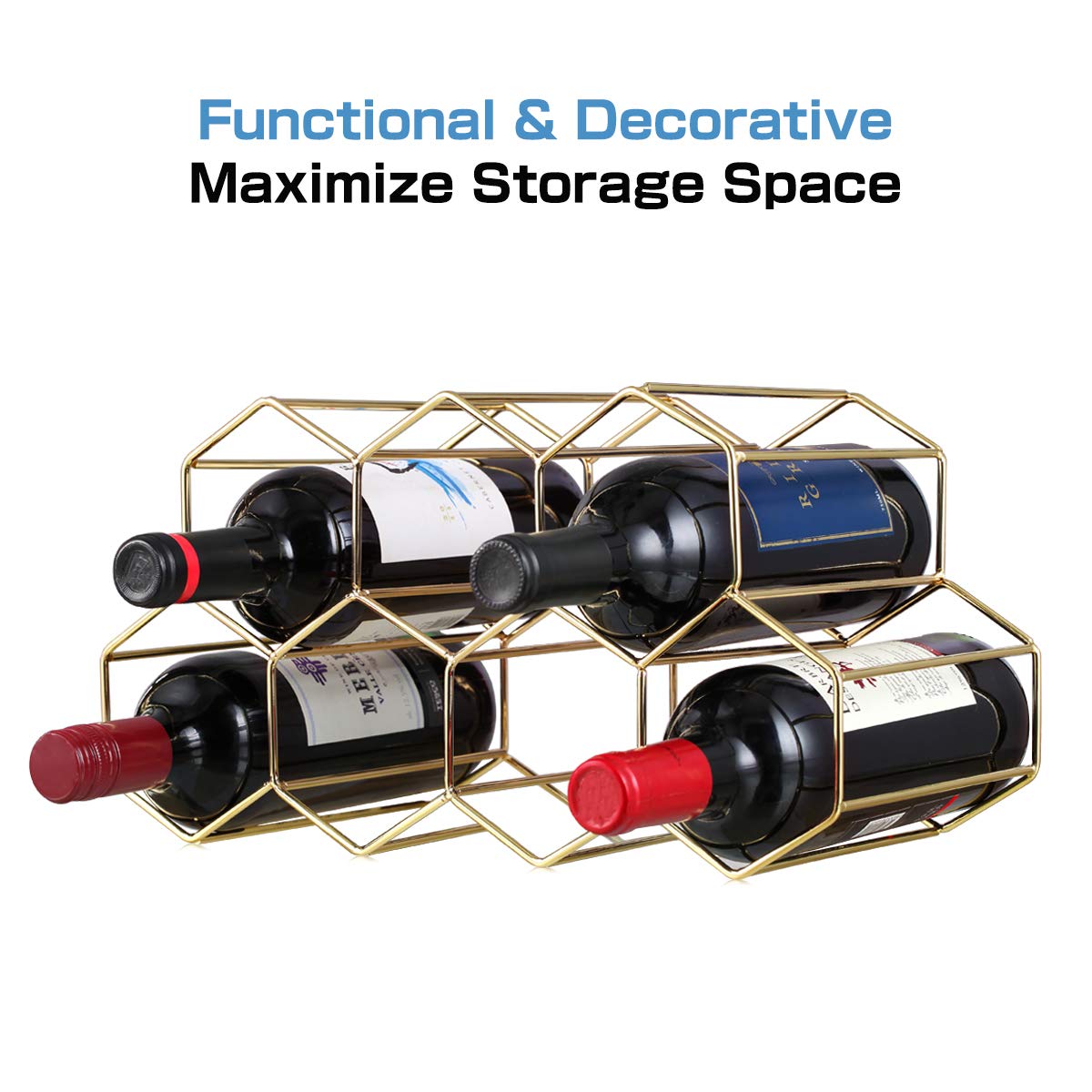 Buruis 9-Bottle Countertop Wine Rack - Honeycomb Metal Wine Holder & Organizer for Red & White Wines - Gold Kitchen Bar Essential for Home, Restaurant & Party Serving