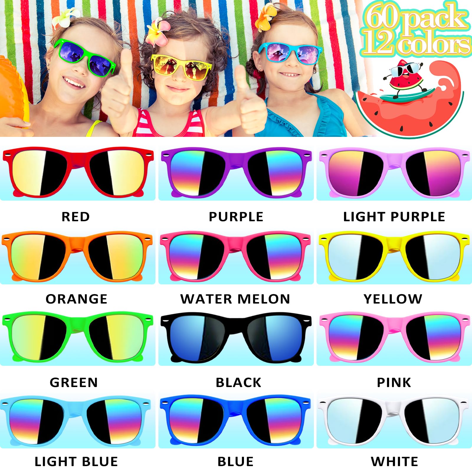 60 Pcs Kids Sunglasses Bulk - Neon Party Sunglasses for Boys & Girls Age 3-8, Summer Pool Beach Party Favors, Birthday Gifts & Outdoor Activities - Perfect for Birthday Parties, Pool Parties, Beach Outings & Summer Events