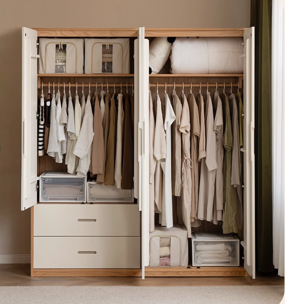 Oak Solid Wood Log Cream Style Wardrobe - Rustic Bedroom & Living Room Storage Furniture for Home Organization