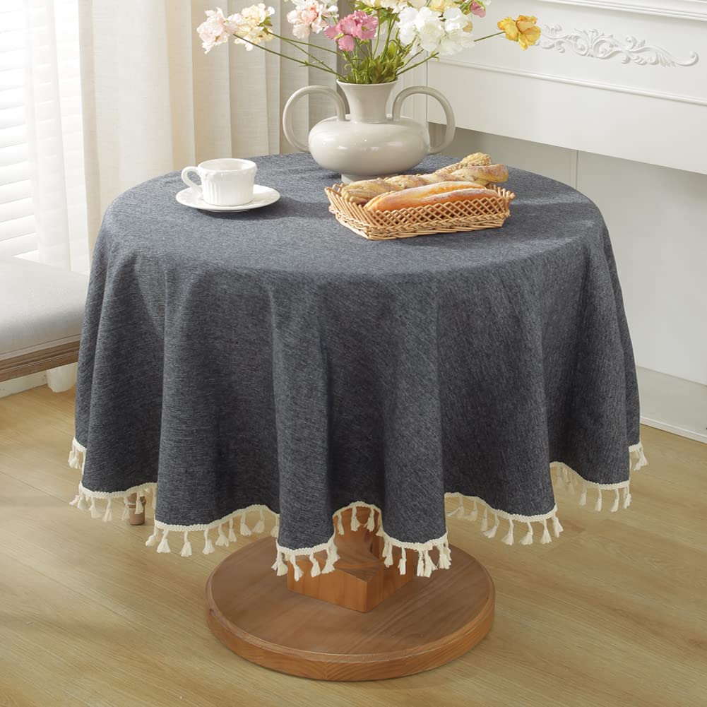 Premium 60 Inch Round Linen Tablecloth - Wrinkle-Free Farmhouse Style Dining Table Cover with Tassels | Light Black All-Season Table Cloth for Indoor/Outdoor Kitchen, Dining Room, Party & Home Decor | Perfect for Dinner Parties, Holiday Gatherings & Everyday Use