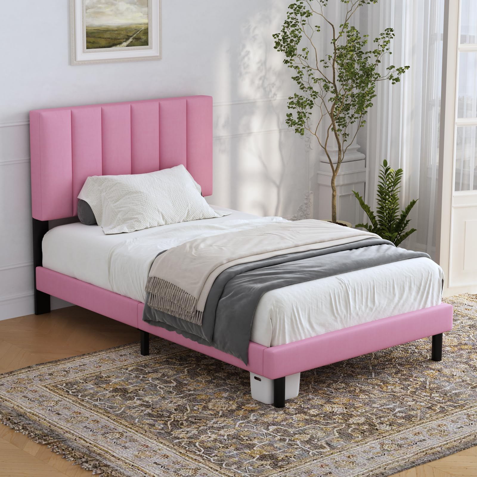 Lukace Twin Bed Frame with Upholstered Headboard - Sturdy Wood Platform Bed, No Box Spring Needed, Easy Assembly, Non-Slip & Noise-Free - Perfect for Kids Rooms, Guest Bedrooms & Small Spaces (Pink)