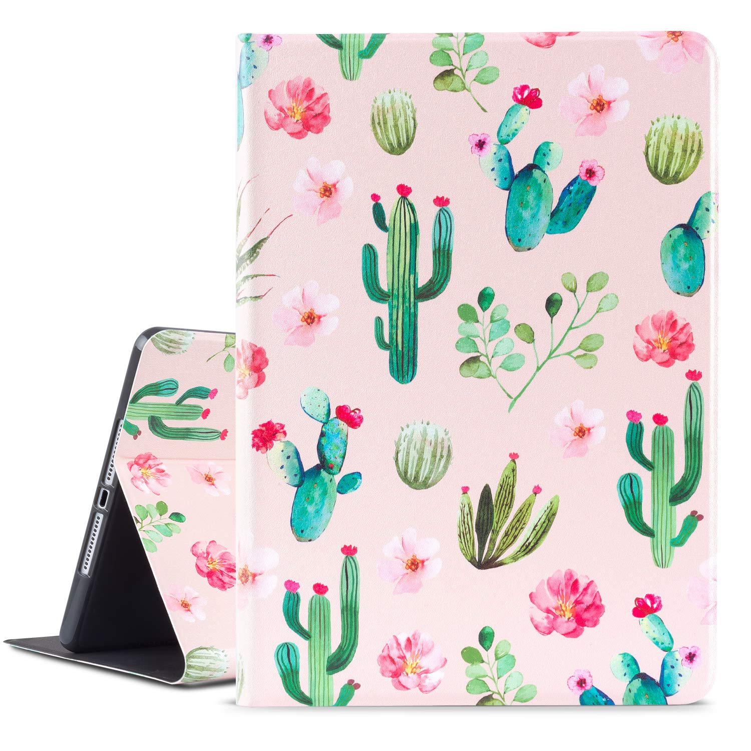 Premium Leather iPad Case 9.7 Inch for iPad Air 1/2 & iPad 6th/5th Gen (2017-2018) - Auto Wake/Sleep Folio Stand Cover in Pink Cactus - Perfect for Work, Travel & Home Use
