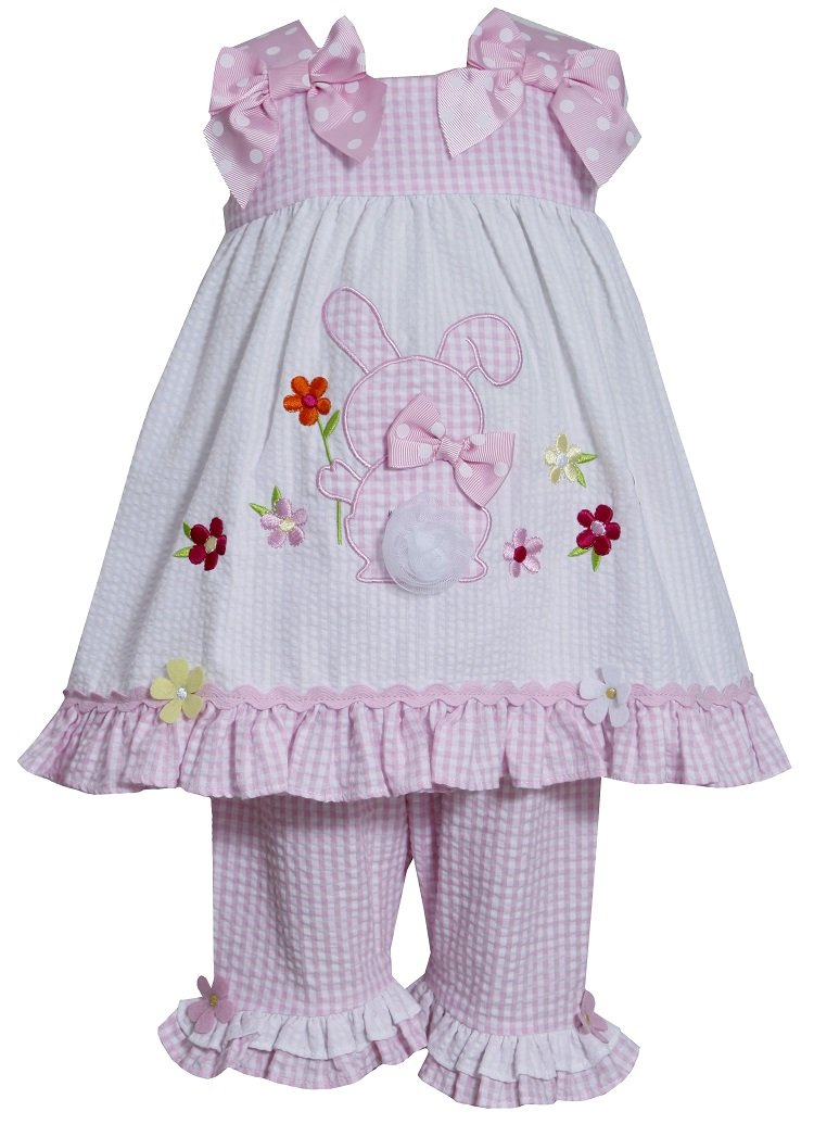 Bonnie Jean Girls' Easter Bunny Seersucker Dress Outfit with Capri Pants - Pink Spring Floral Print - Sizes 12M to 24M - Perfect for Easter Sunday, Spring Photoshoots & Family Gatherings