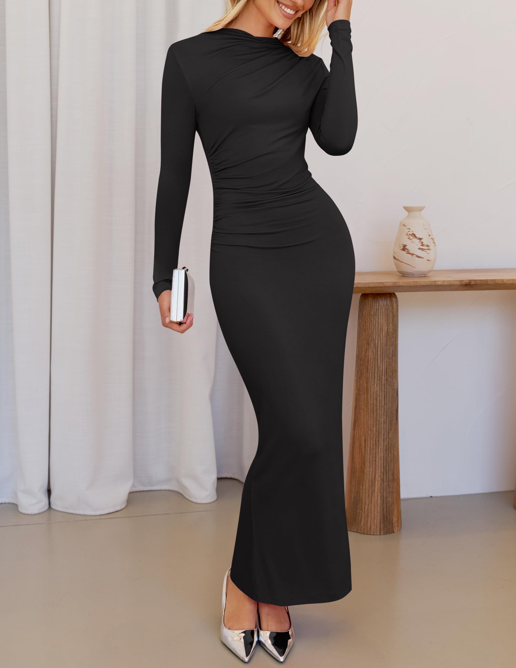 ZESICA Women's Sexy Ruched Long Sleeve Bodycon Maxi Dress - Slim Fit Cocktail Party Dress for Spring, Perfect for Night Out, Date Night & Special Occasions