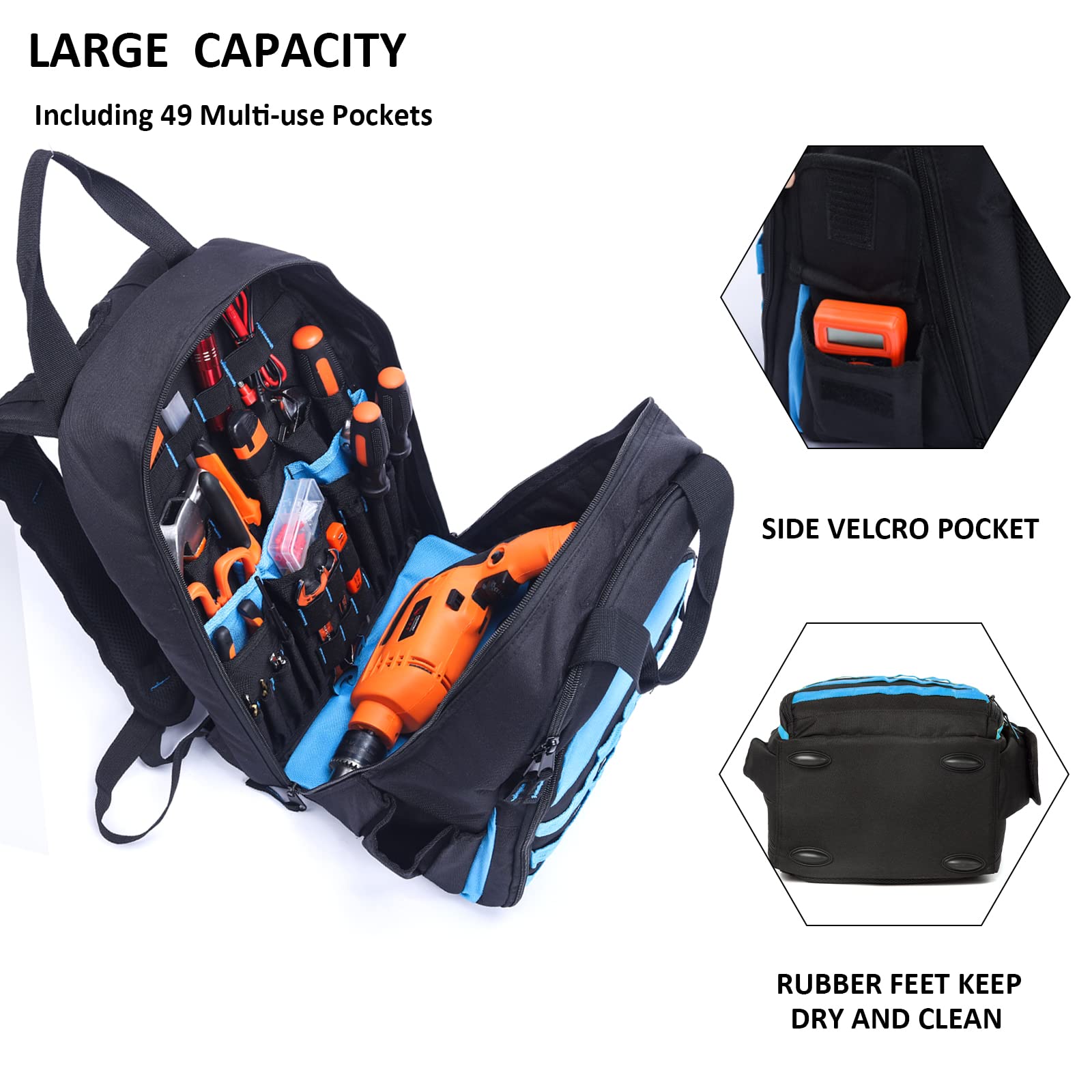 AUMTISC Heavy-Duty Tool Backpack for Men - Waterproof Construction Work Bag with Multiple Pockets for Electricians, HVAC Techs & Repairmen - Durable Jobsite Organizer (Blue) - Perfect for Construction Sites, Industrial Work & Equipment Storage