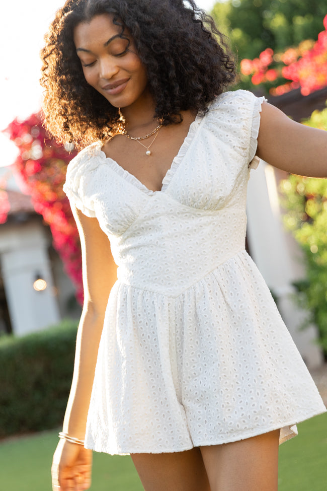 Ever After White Eyelet Romper - Floral Lace Trim Summer Jumpsuit for Women | Perfect for Beach Vacations, Garden Parties & Date Nights