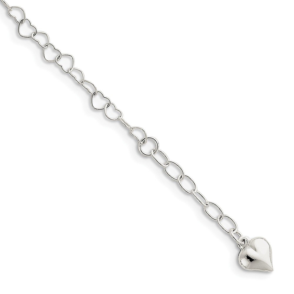 925 Sterling Silver Polished Puff Heart Anklet - 9